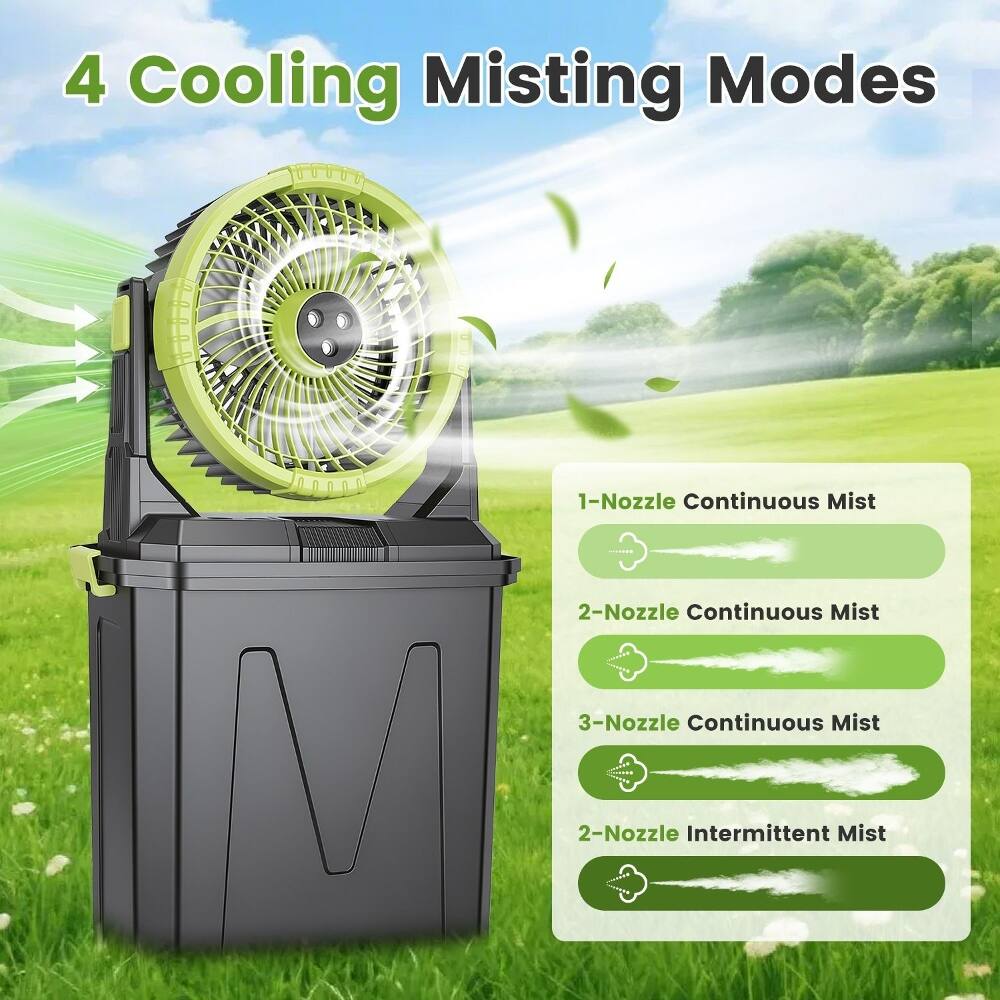 4 Cooling Misting Modes

1-Nozzle Continuous Mist
2-Nozzle Continuous Mist
3-Nozzle Continuous Mist
2-Nozzle Intermittent Mist