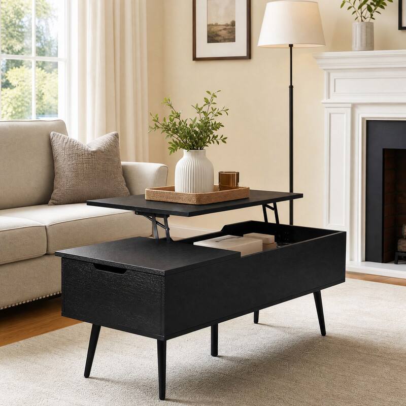 Angle. WELLFOR - 47"  Lift Top Coffee Table with 2 Hidden Compartments, Center Table Cocktail Tea Table for Living Room - Black.