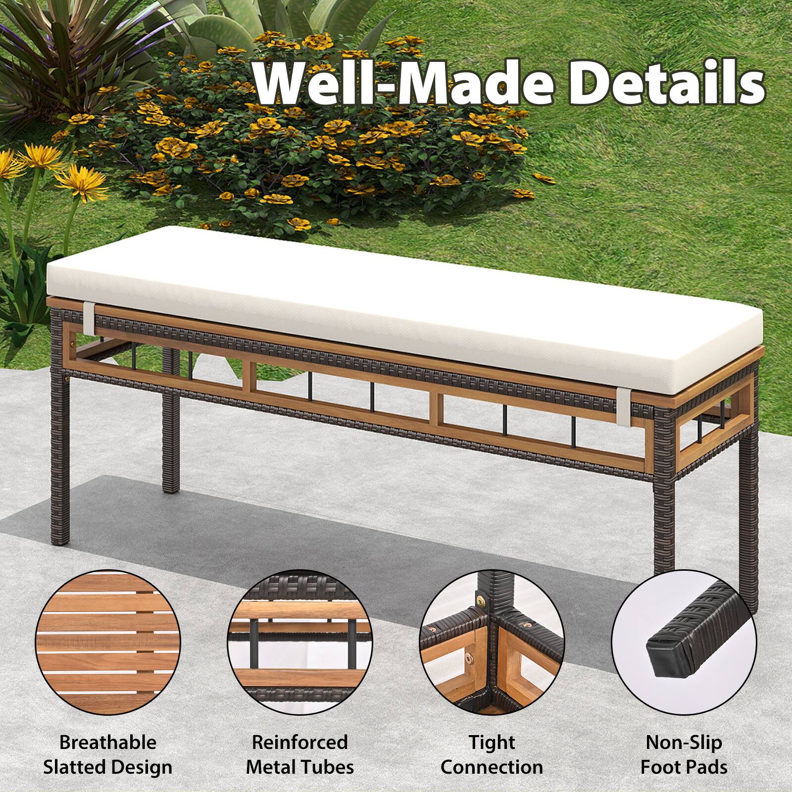 Well-Made Details  
Breathable Slatted Design  
Reinforced Metal Tubes  
Tight Connection  
Non-Slip Foot Pads