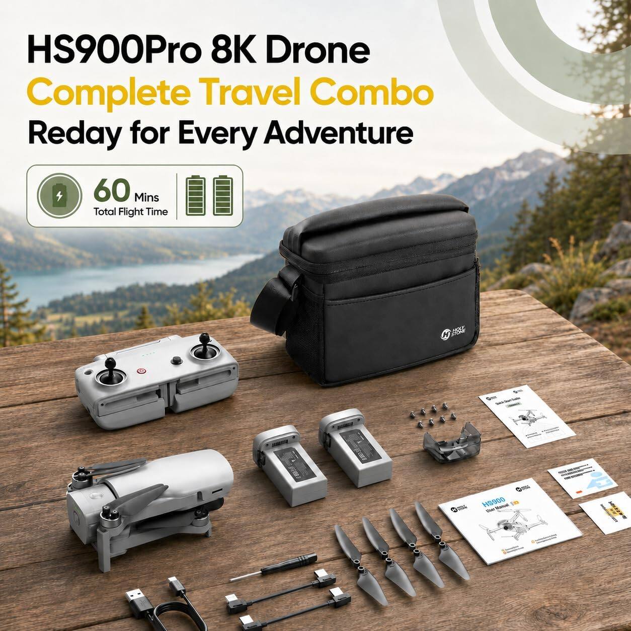 HS900Pro 8K Drone Complete Travel Combo Ready for Every Adventure  
60 Mins Total Flight Time