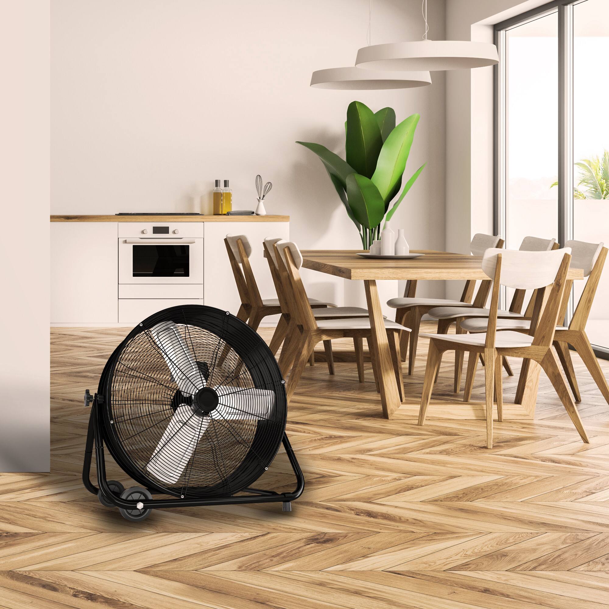 Angle. Vaczon - Commercial Drum Fan 120V 320W, 3-Speed High Velocity Floor Fan with Wheels, Aluminum Motor and 3-Blade Air Circulator - Black.