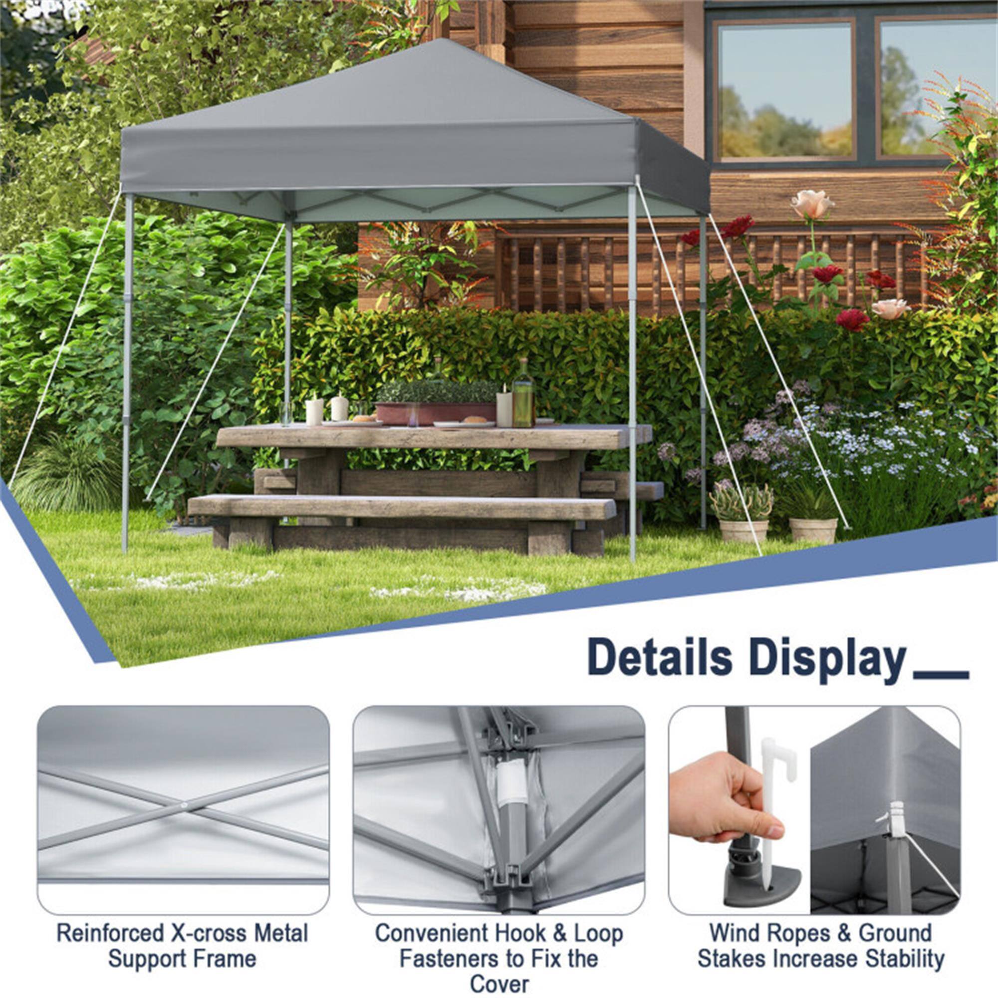Details Display  
Reinforced X-cross Metal Support Frame  
Convenient Hook & Loop Fasteners to Fix the Cover  
Wind Ropes & Ground Stakes Increase Stability