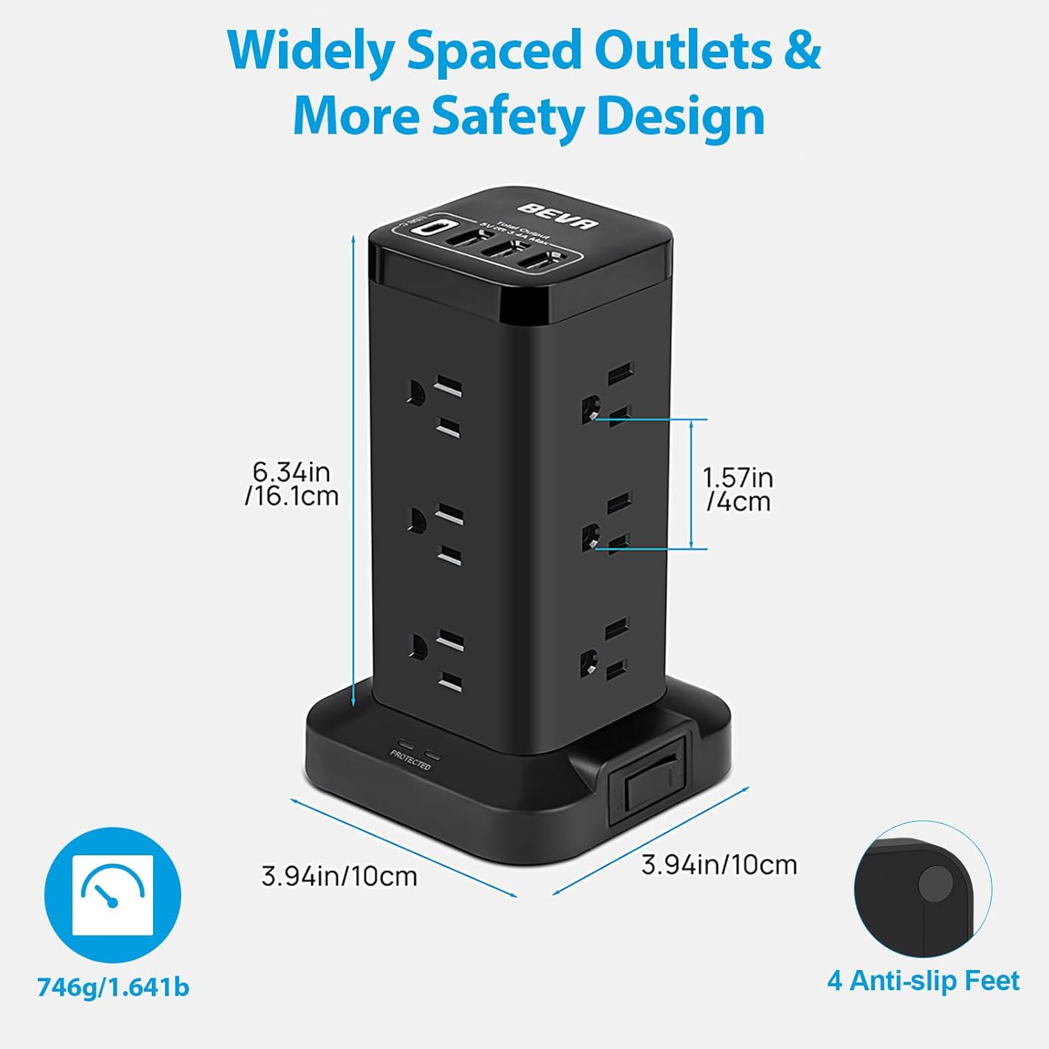 Widely Spaced Outlets & More Safety Design

- 6.34in / 16.1cm
- 1.57in / 4cm
- 3.94in / 10cm
- 3.94in / 10cm
- 746g / 1.641lb
- 4 Anti-slip Feet