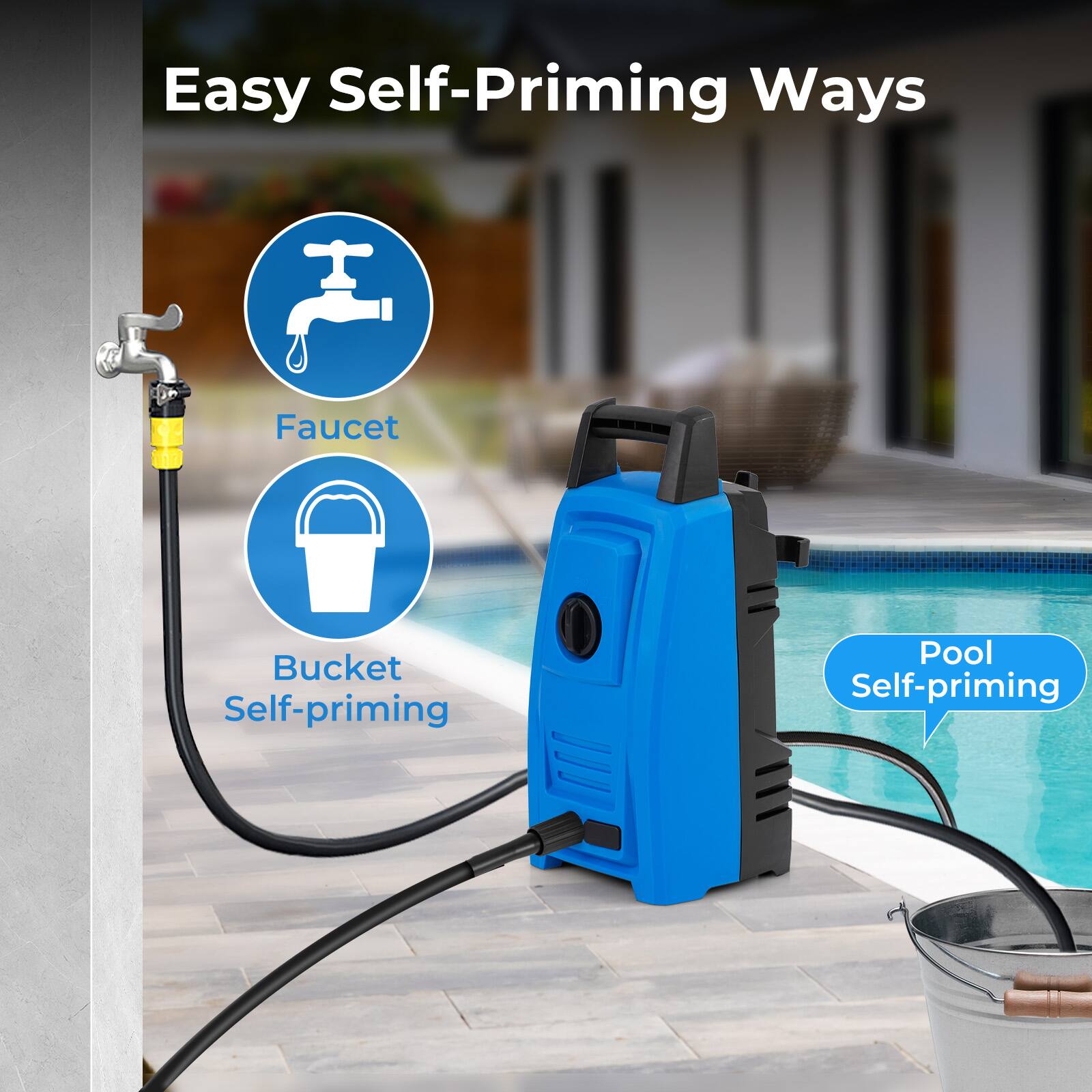 Easy Self-Priming Ways
Faucet Self-priming
Bucket Self-priming
Pool Self-priming