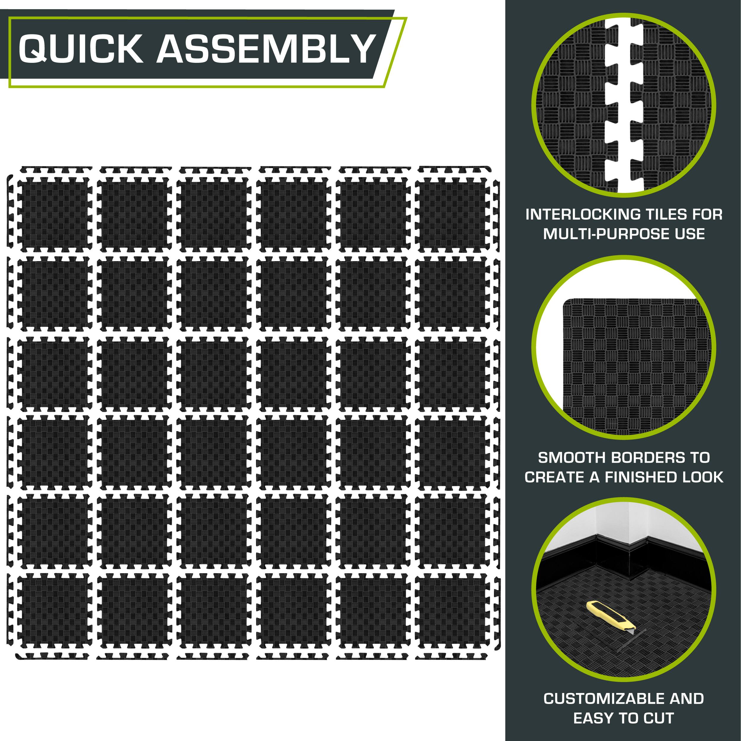 Quick Assembly Interlocking Tiles for Multi-Purpose Use. Smooth Borders to Create a Finished Look. Customizable and Easy to Cut.