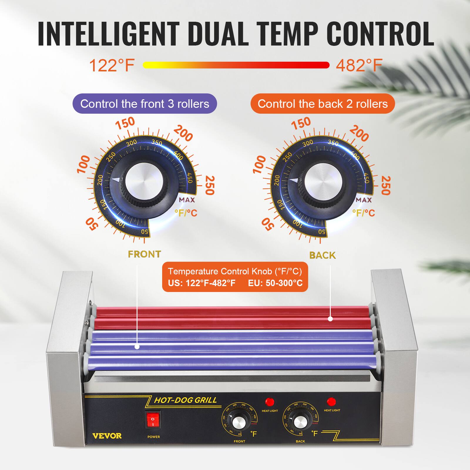 INTELLIGENT DUAL TEMP CONTROL 122F 482F

Control the front 3 rollers 150 300 350 200 250 400 100 200 450 MAX 250 150 F/C 50 100 50

Control the back 2 rollers 150 300 350 200 250 00 100 200 450 MAX 250 150 F/C 50 100 50

FRONT
BACK

Temperature Control Knob (F/C) US: 122F-482F EU: 50-300C

VEVOR
HOT-DOG GRILL O 995 - & POWER
GI - MEATUGHT TO COM F FRONT
NO & our  BACK
1 HEATLIGHT ... F