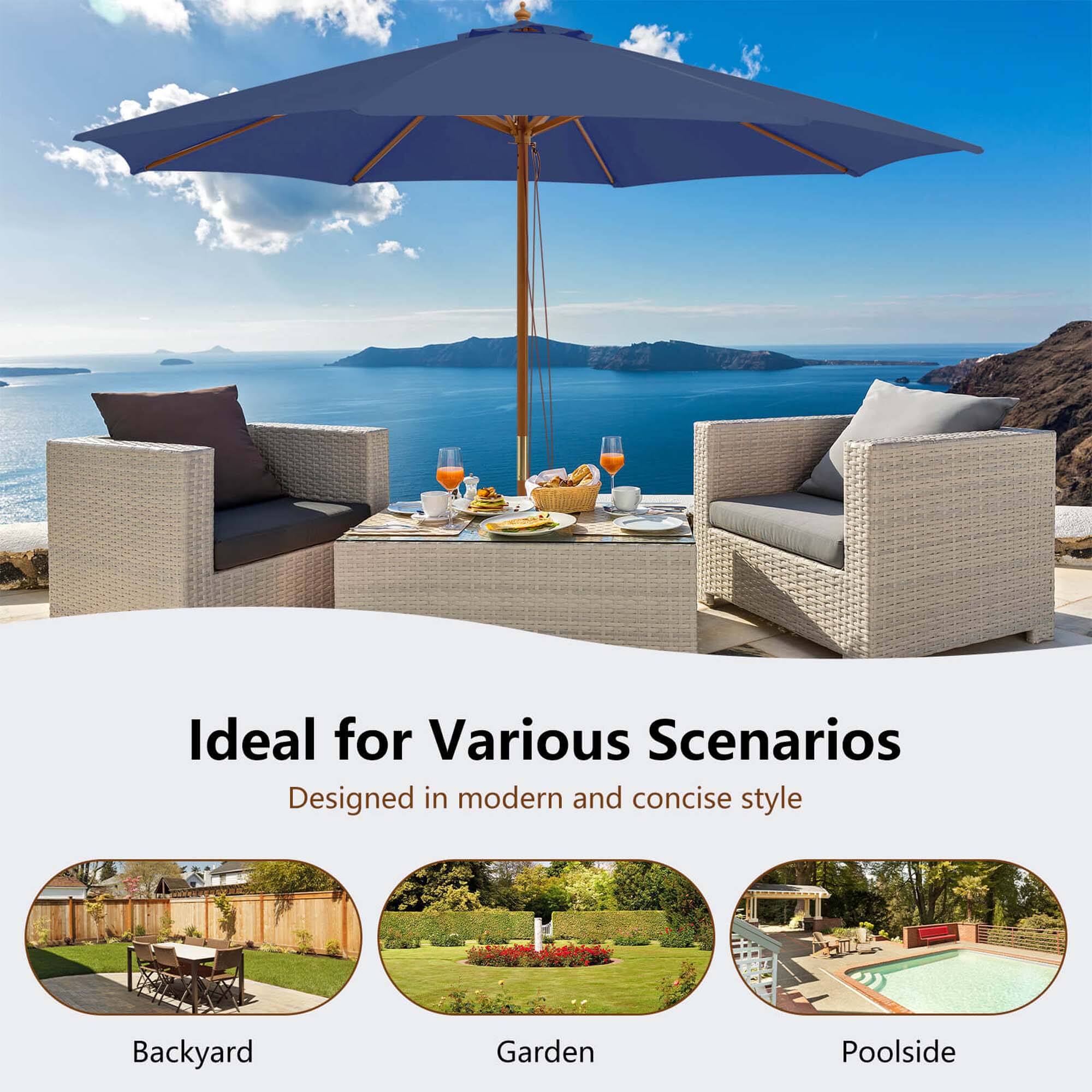 The text on the image reads: "Ideal for Various Scenarios Designed in modern and concise style Backyard Garden Poolside."