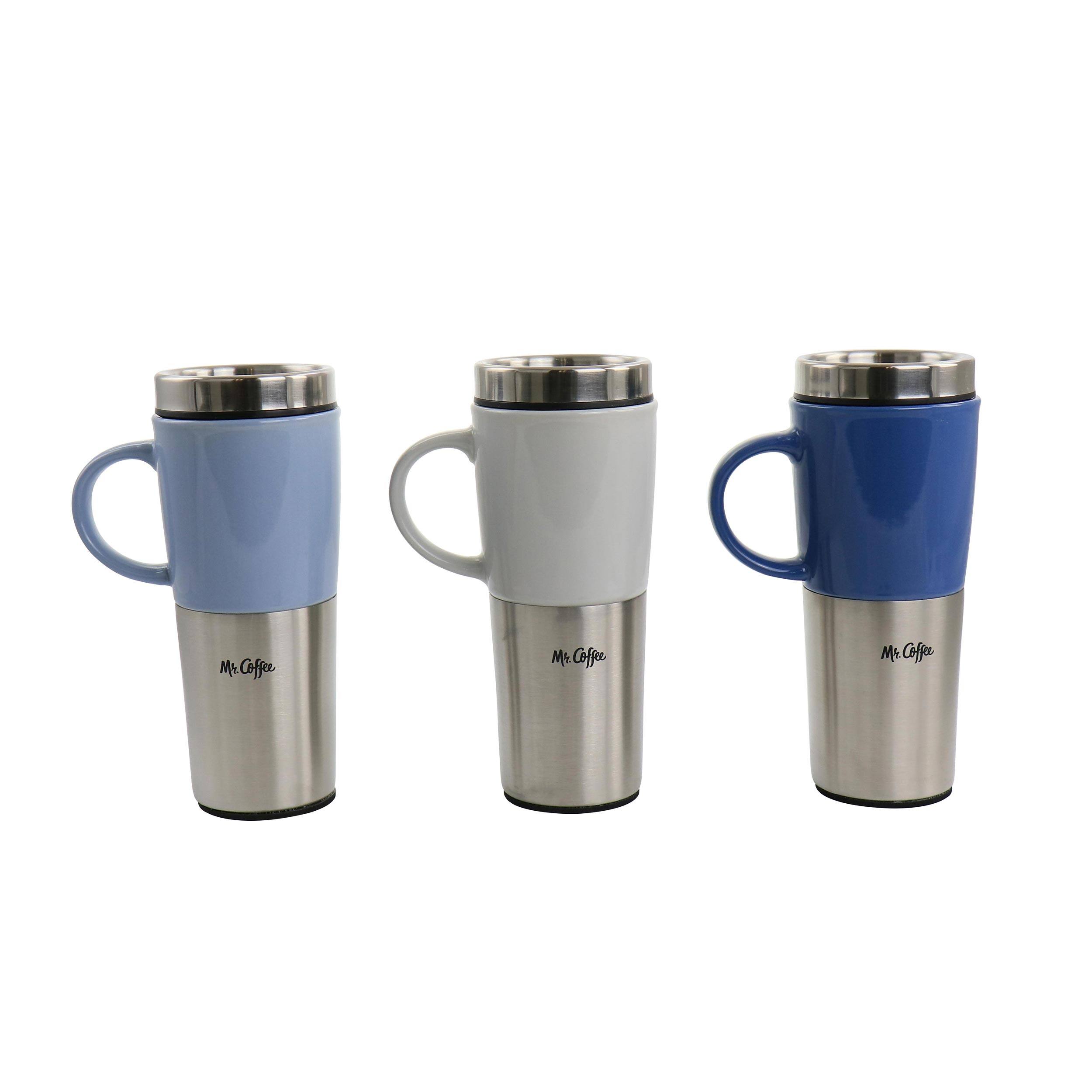 Mr. Coffee - Travertine 16 oz Stoneware & Stainless Steel Travel Mug with Lid set of 3 - Assorted