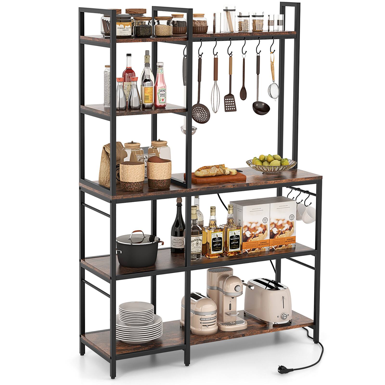 Back. SlickBlue - 5-Tier Storage Baker’s Rack with Outlets and 10 S-Shaped Hooks - Rustic Brown.