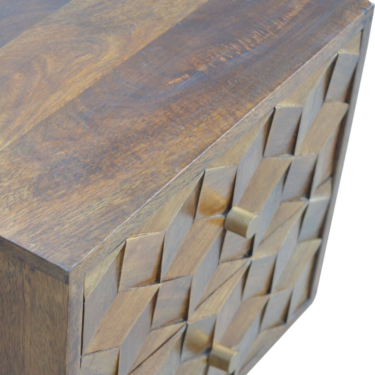 Alt View 1. Artisan Furniture - Artisan Furniture Solid Wood Chestnut Cube Carved Nightstand, 2 Drawers, Nordic Legs, Dark Brown - Chestnut.