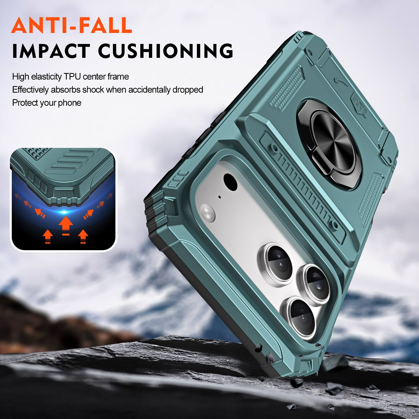 ANTI-FALL IMPACT CUSHIONING

High elasticity TPU center frame
Effectively absorbs shock when accidentally dropped
Protect your phone