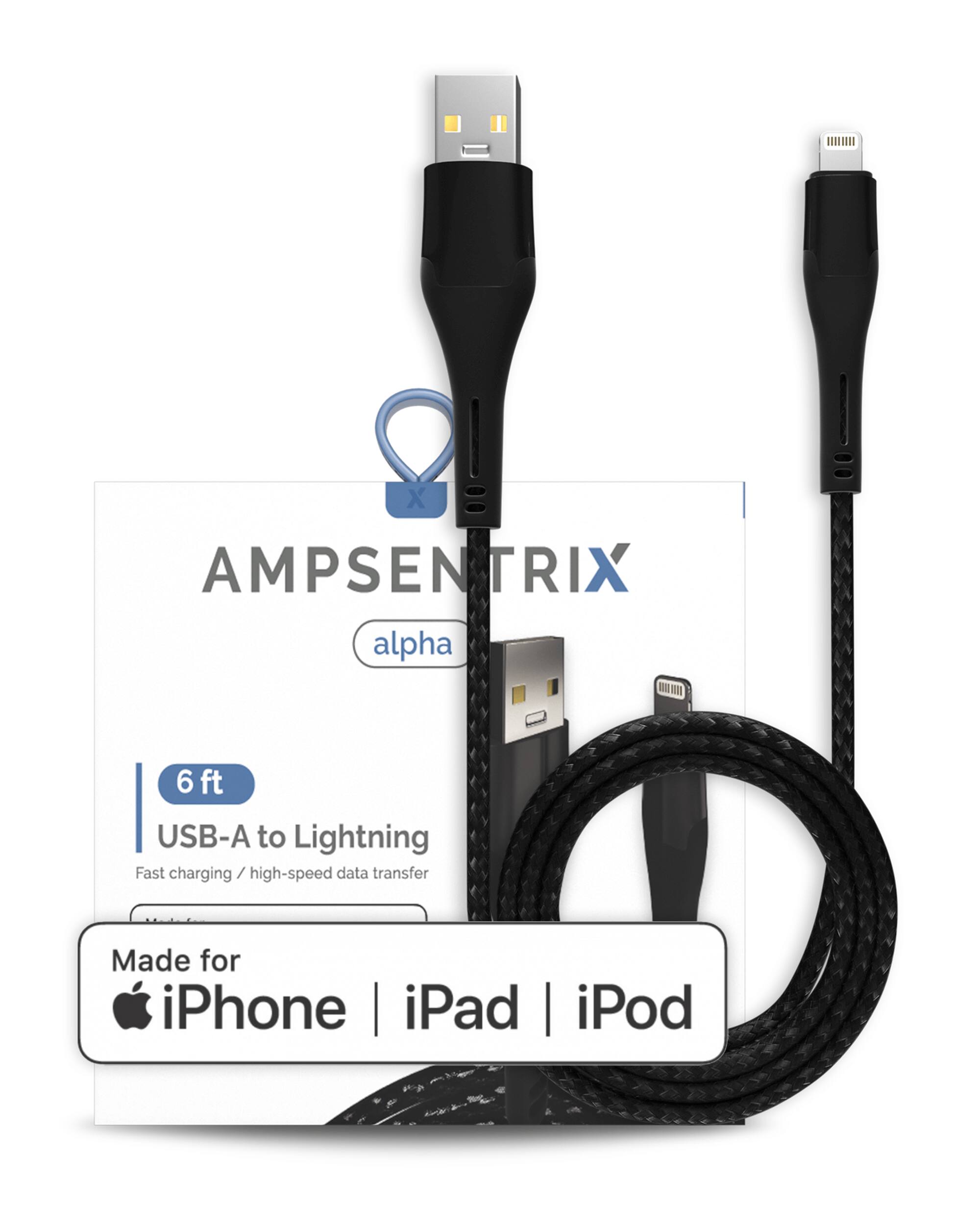 Ampsentrix - 6 ft MFI Lightning To USB Type A Cable (Alpha) - Black