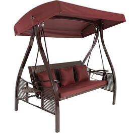 Sunnydaze - 3-Person Steel Patio Swing Bench with Side Tables/Canopy - Maroon/Brown Frame