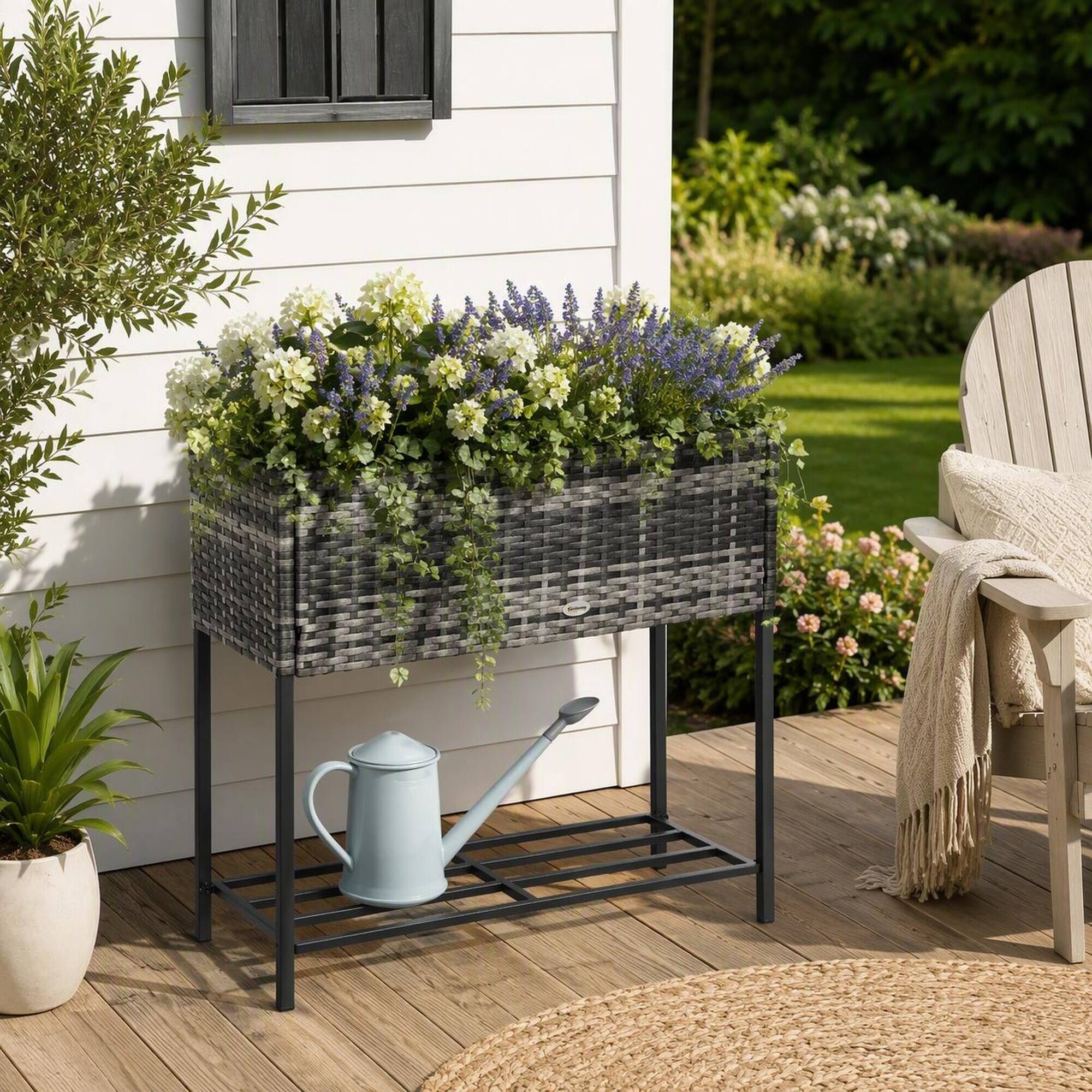 Left. RYHNUYNE - Outsunny Raised Garden Bed with Rattan Look, 27.5" Elevated Planter Box with Tool Shelf, Gray - Grey.
