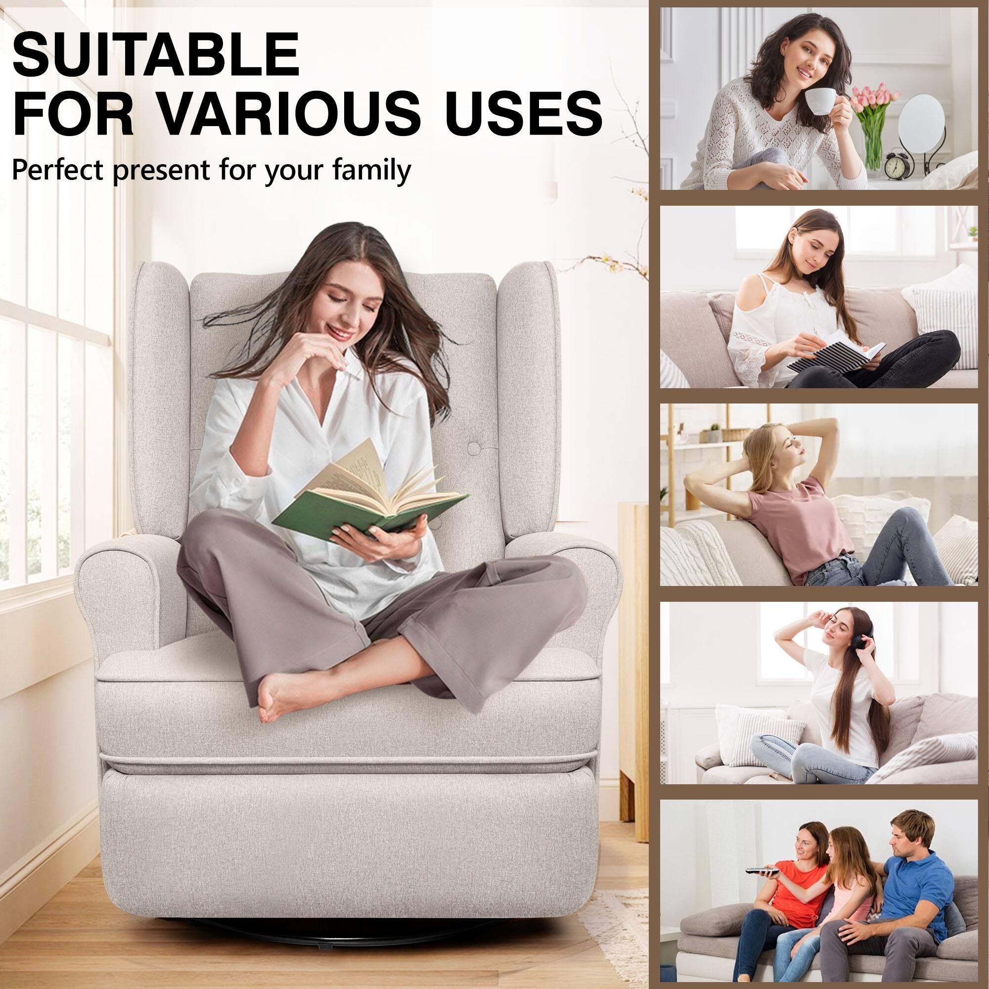 Alt View 3. Brick Attic - Recliner Chair 360 Swivel Glider, Ergonomic Living Room Chair with Armrests and Decorative Buttons - Beige.