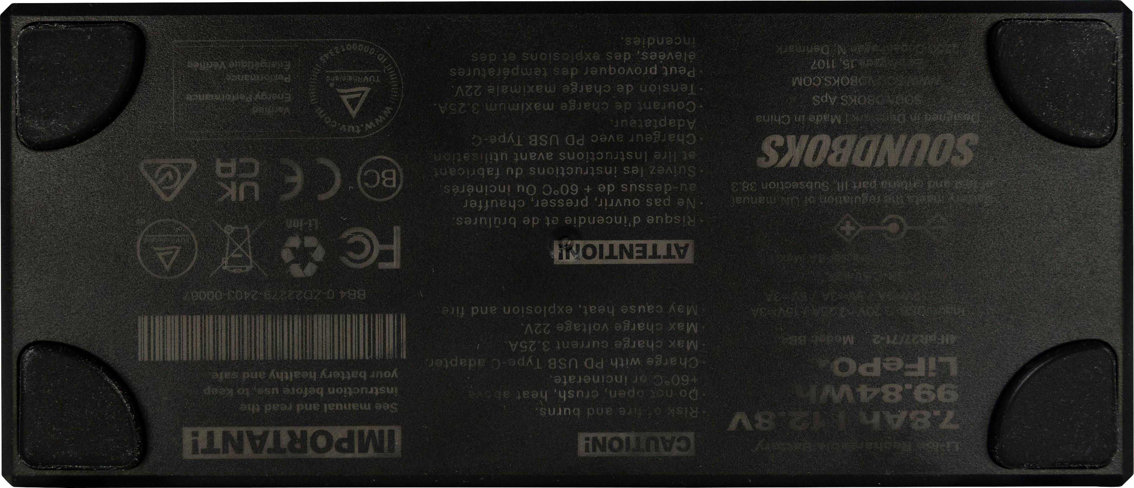 The text on the image is a combination of various descriptions and warnings related to the product. Here is a grouped and corrected version of the text:

1. The product is a Soundboks device, which is a portable speaker.
2. The device is designed and made in Denmark.
3. The product has a maximum charge current of 3.25A.
4. The device is equipped with a USB PD adapter, which supports Type-C charging.
5. The product has a maximum voltage charge of 24V.
6. The device is designed to be used outdoors and is suitable for extreme conditions.
7. The product is equipped with a LiFePO4 battery, which is known for its high energy density and low self-discharge rate.
8. The device is designed to be used in various weather conditions, including rain and snow.
9. The product is equipped with a manual that provides instructions on how to use it safely and properly.
10. The device is designed to be used in extreme temperatures, and it is important to follow the manufacturer's instructions to avoid incidents such as burns and fires.

The image also contains a warning about the risk of fire and explosion due to heat, and it is essential to keep the product away from heat sources and follow the manufacturer's instructions to ensure safe use.