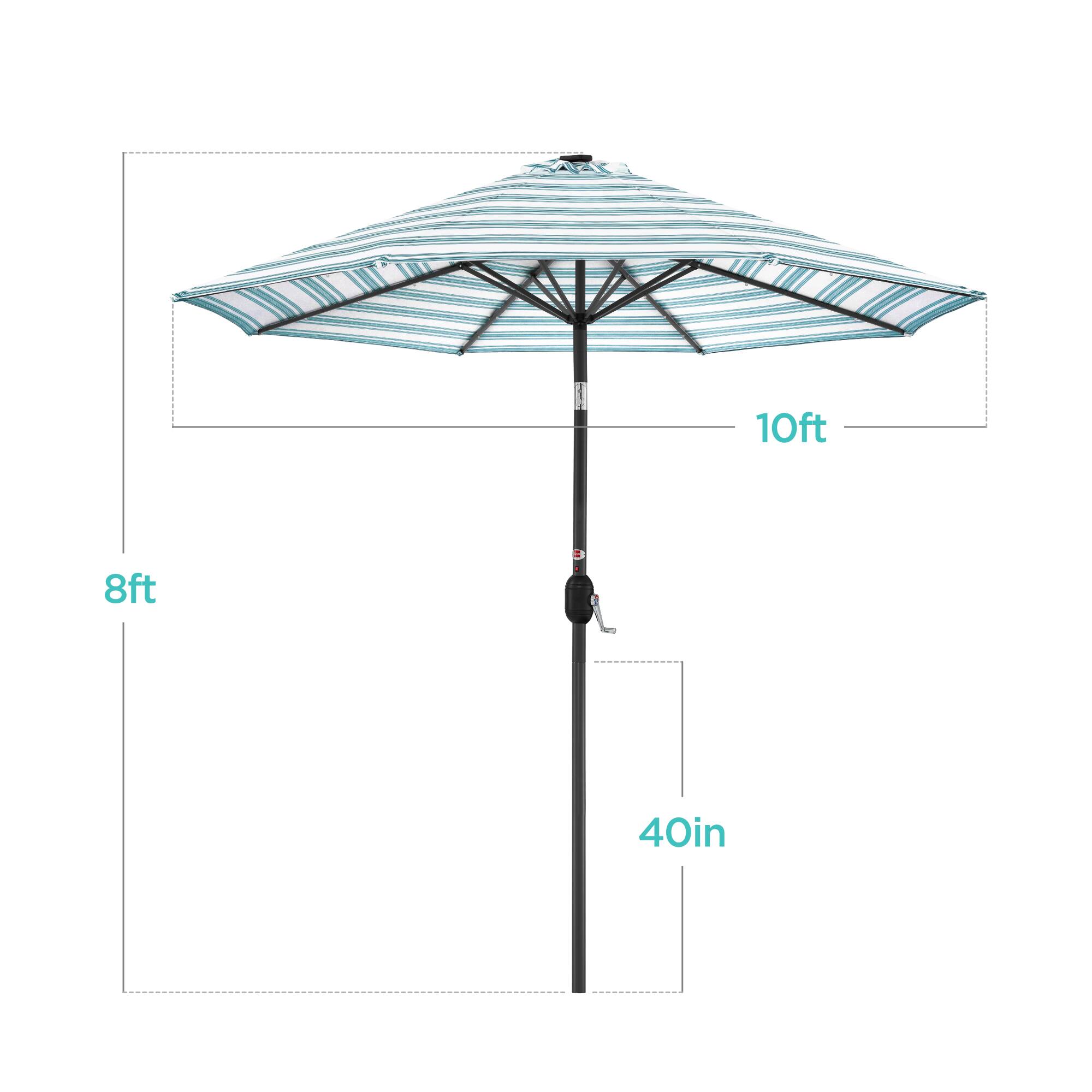 The dimensions of the umbrella are:

- Diameter: 10 feet
- Height: 8 feet
- Shaft width: 40 inches