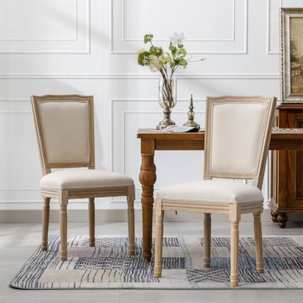 Front. Boyel Living - Cream French Style Solid Wood Frame Linen Fabric Square Back Dining Chair Set of 2 - Cream.