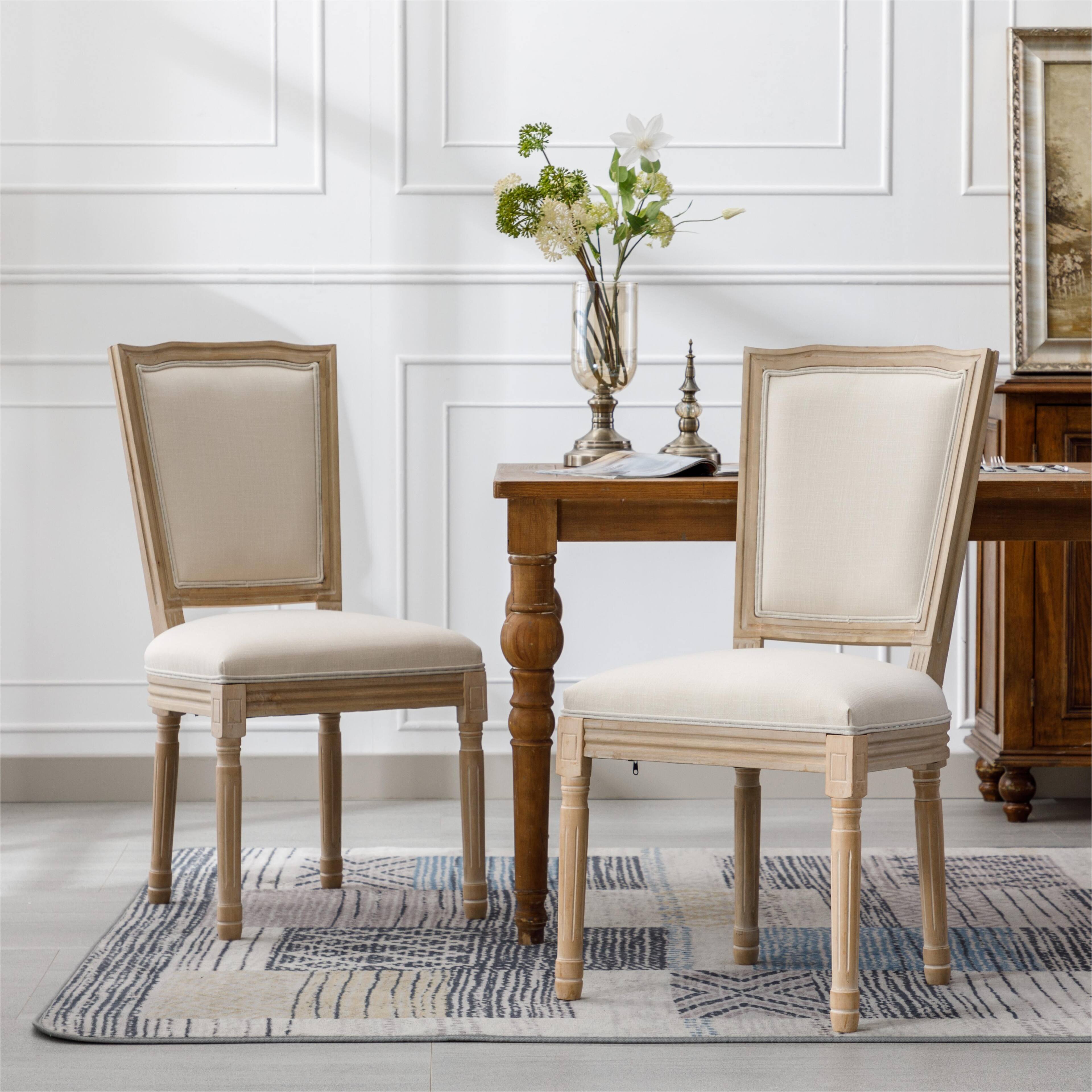 Front. Boyel Living - Cream French Style Solid Wood Frame Linen Fabric Square Back Dining Chair Set of 2 - Cream.