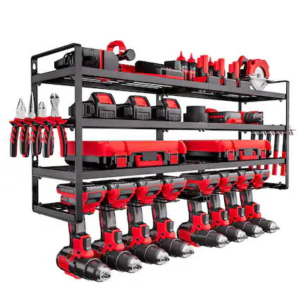 Front. VEVOR - Power Tool Organizer Wall Mount, 4-Layer Storage Rack with 8 Drill Holders, Tools Holder and Storage Rack - Black.