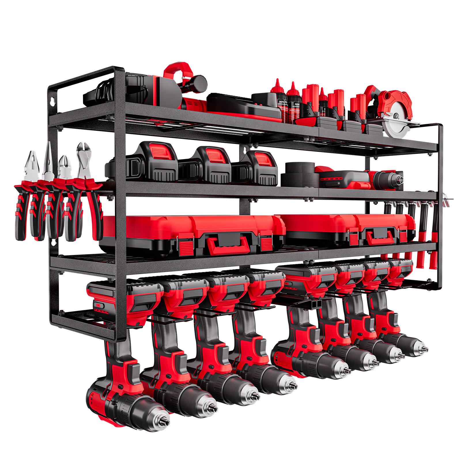 Front. VEVOR - Power Tool Organizer Wall Mount, 4-Layer Storage Rack with 8 Drill Holders, Tools Holder and Storage Rack - Black.