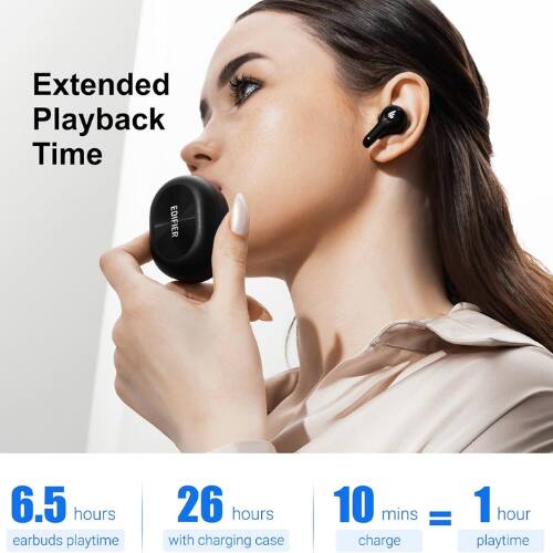 Extended Playback Time

6.5 hours earbuds playtime  
26 hours with charging case  
10 mins = 1 hour playtime