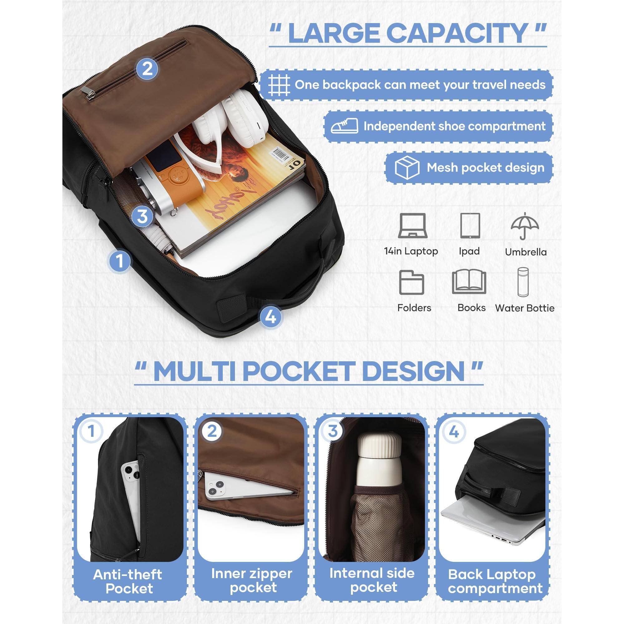 **LARGE CAPACITY**  
- One backpack can meet your travel needs  
- Independent shoe compartment  
- Mesh pocket design  

**MULTI POCKET DESIGN**  
1. Anti-theft Pocket  
2. Inner zipper pocket  
3. Internal side pocket  
4. Back Laptop compartment  

- 14in Laptop  
- Ipad  
- Umbrella  
- Folders  
- Books  
- Water Bottle