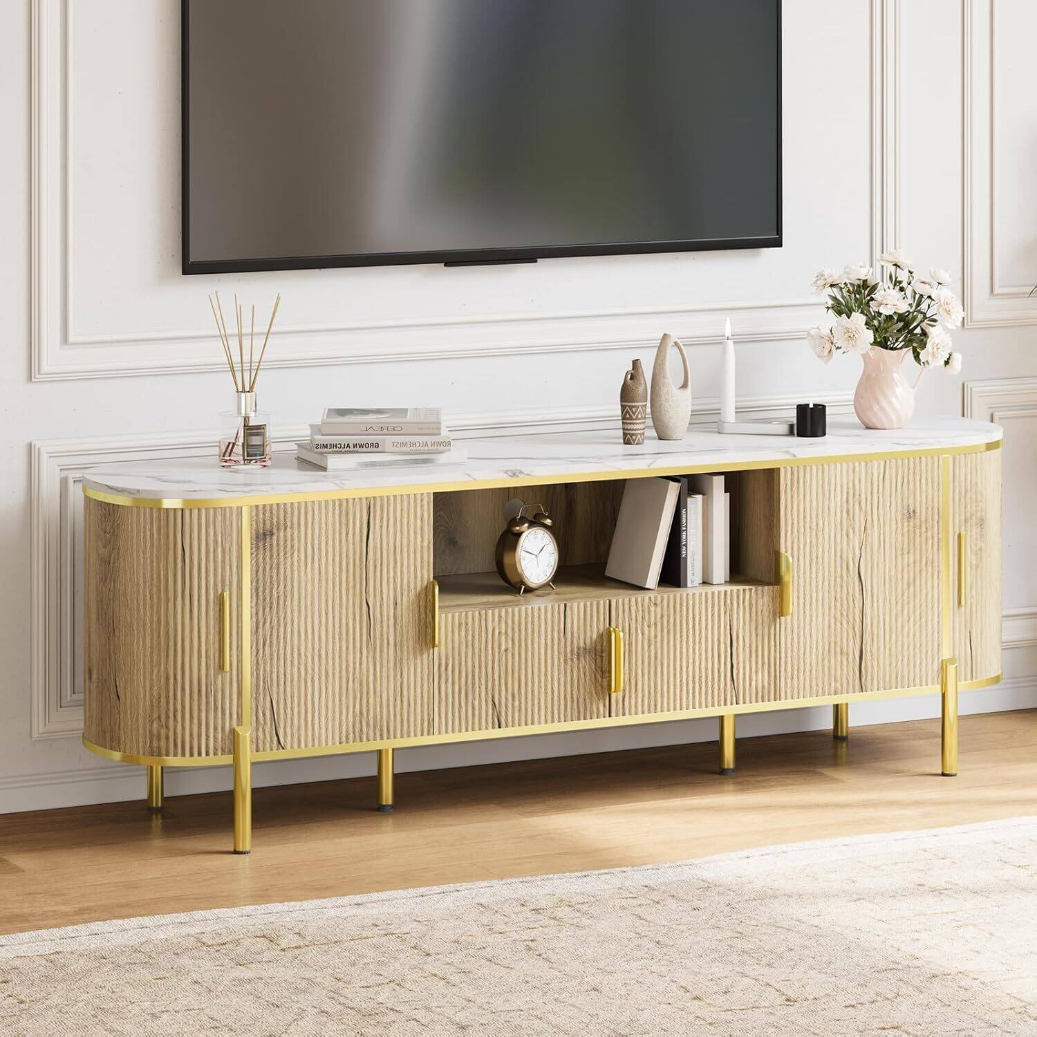 Acekool - 70in Fluted TV Stand Entertainment Center Media TV Console for Living Room - Oak