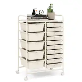 WELLFOR - 15 Drawer Rolling Storage Cart, Drawer Organizer with Wheels, Scrapbook Paper Office School Organizer - White