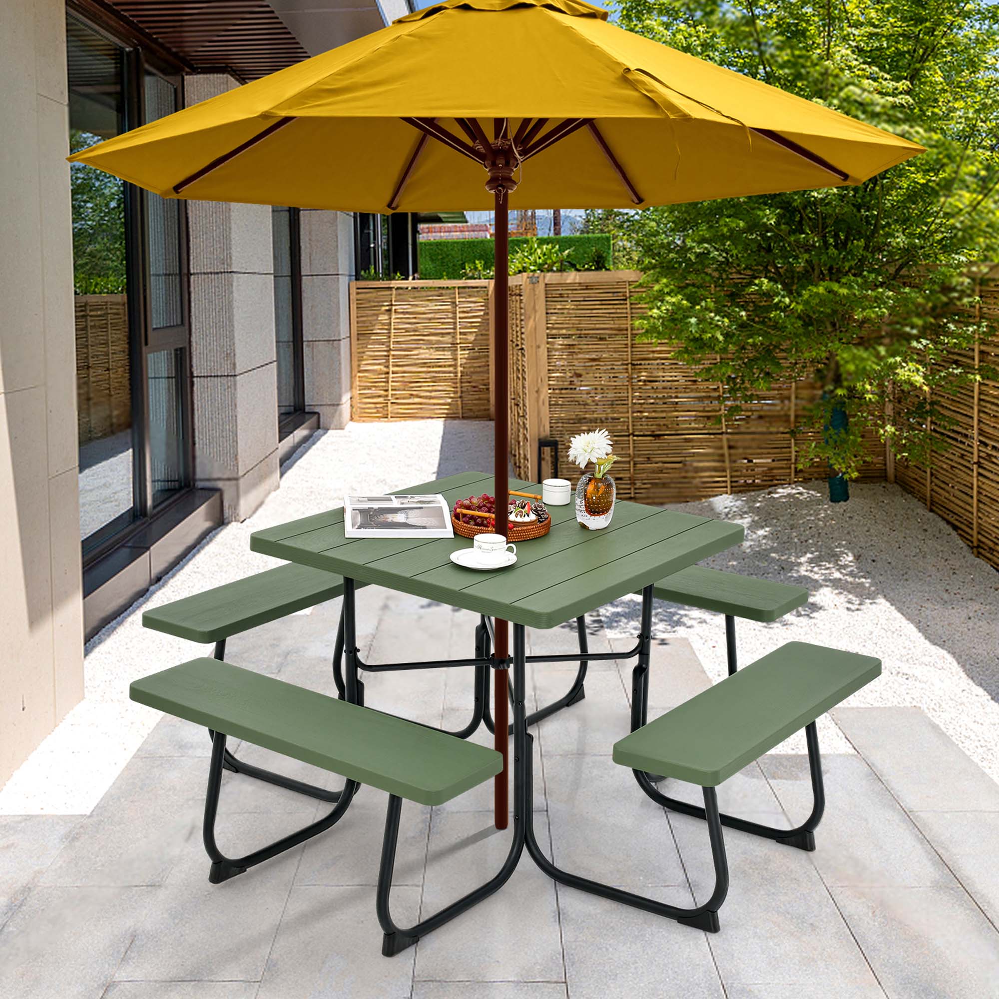 Alt View 1. Costway - Costway Outdoor 8-person Square Picnic Table Bench Set with 4 Benches & Umbrella Hole - Green.