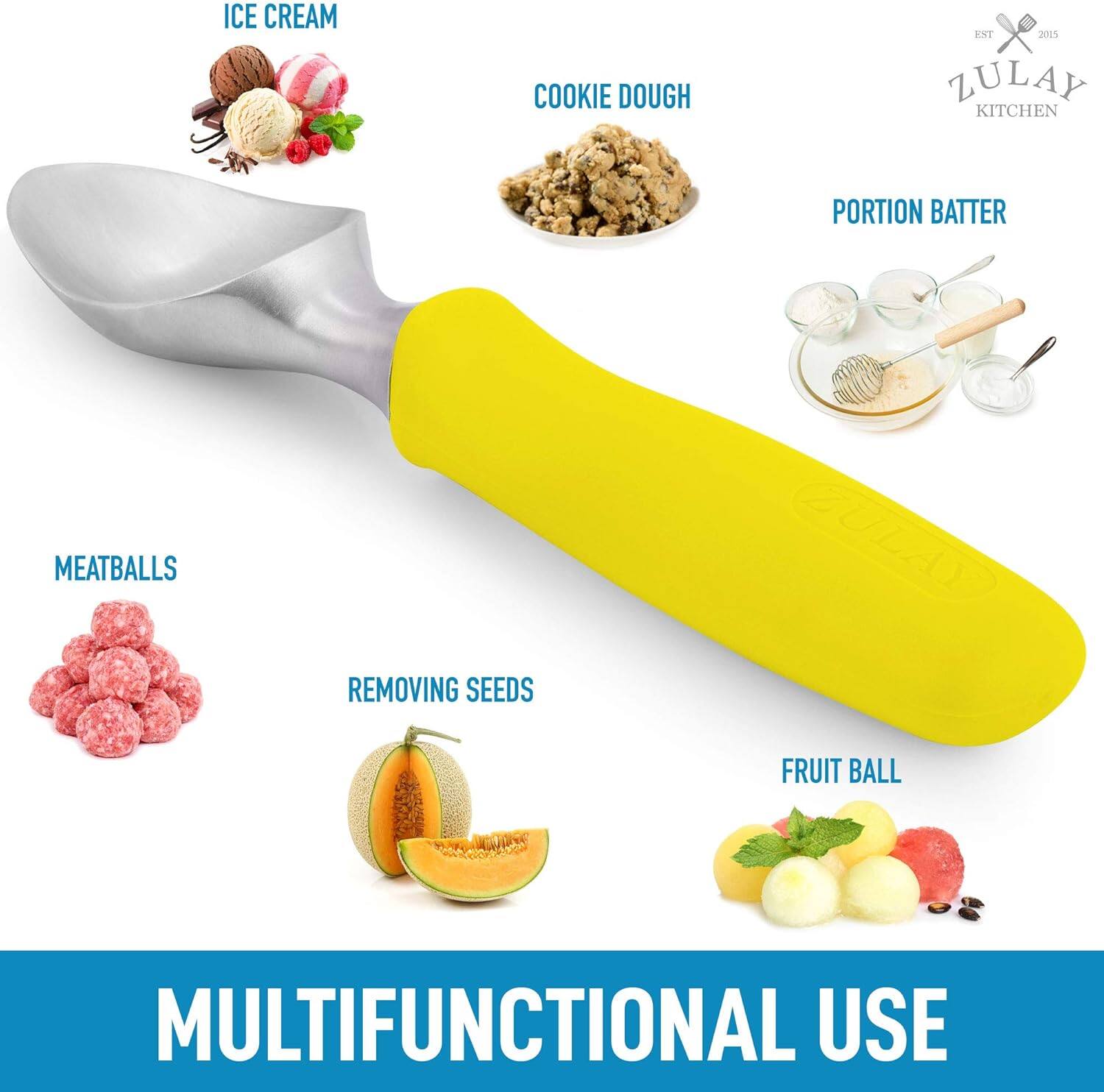 ICE CREAM  
COOKIE DOUGH  
PORTION BATTER  
MEATBALLS  
REMOVING SEEDS  
FRUIT BALL  

MULTIFUNCTIONAL USE  

ZULAY KITCHEN  
EST 2015