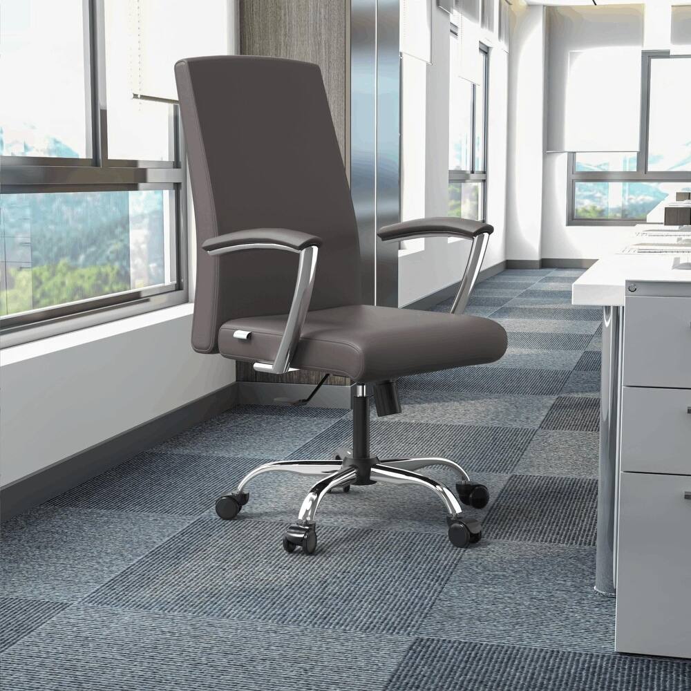 Left. LeisureMod - Evander Adjustable High-Back Office Chair Upholstered Leather Seat with Swivel and Tilt Ergonomic Desk Chair - Grey.