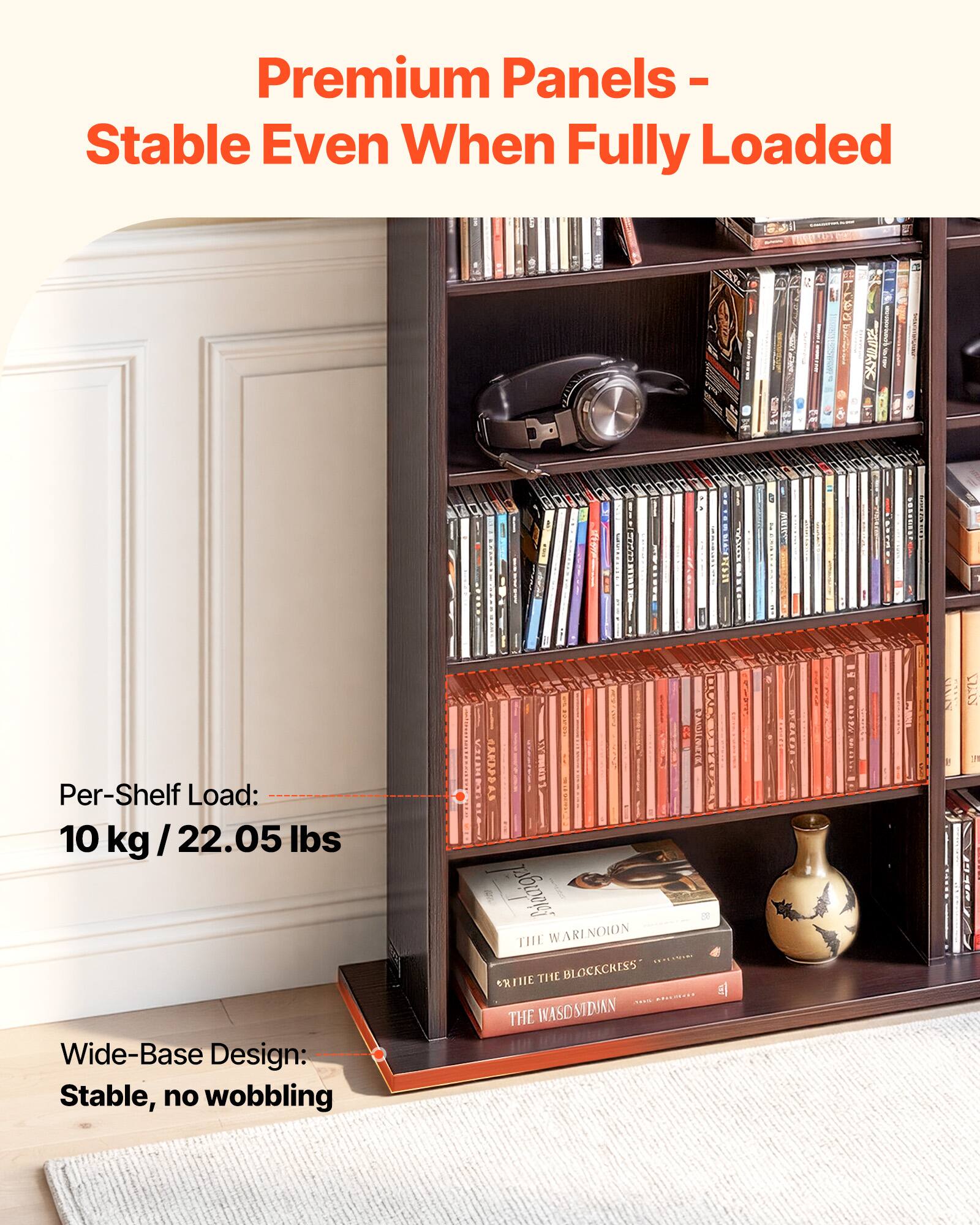 Premium Panels - Stable Even When Fully Loaded

Per-Shelf Load: 10 kg / 22.05 lbs

Wide-Base Design: Stable, no wobbling