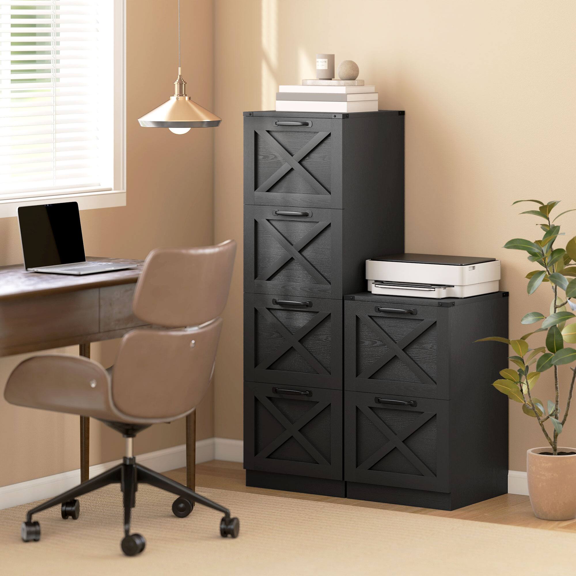 Alt View 7. Homcom - Storage Drawers Farmhouse X Pattern Printer Stand Fits Letter Files 4 Drawers - Black.