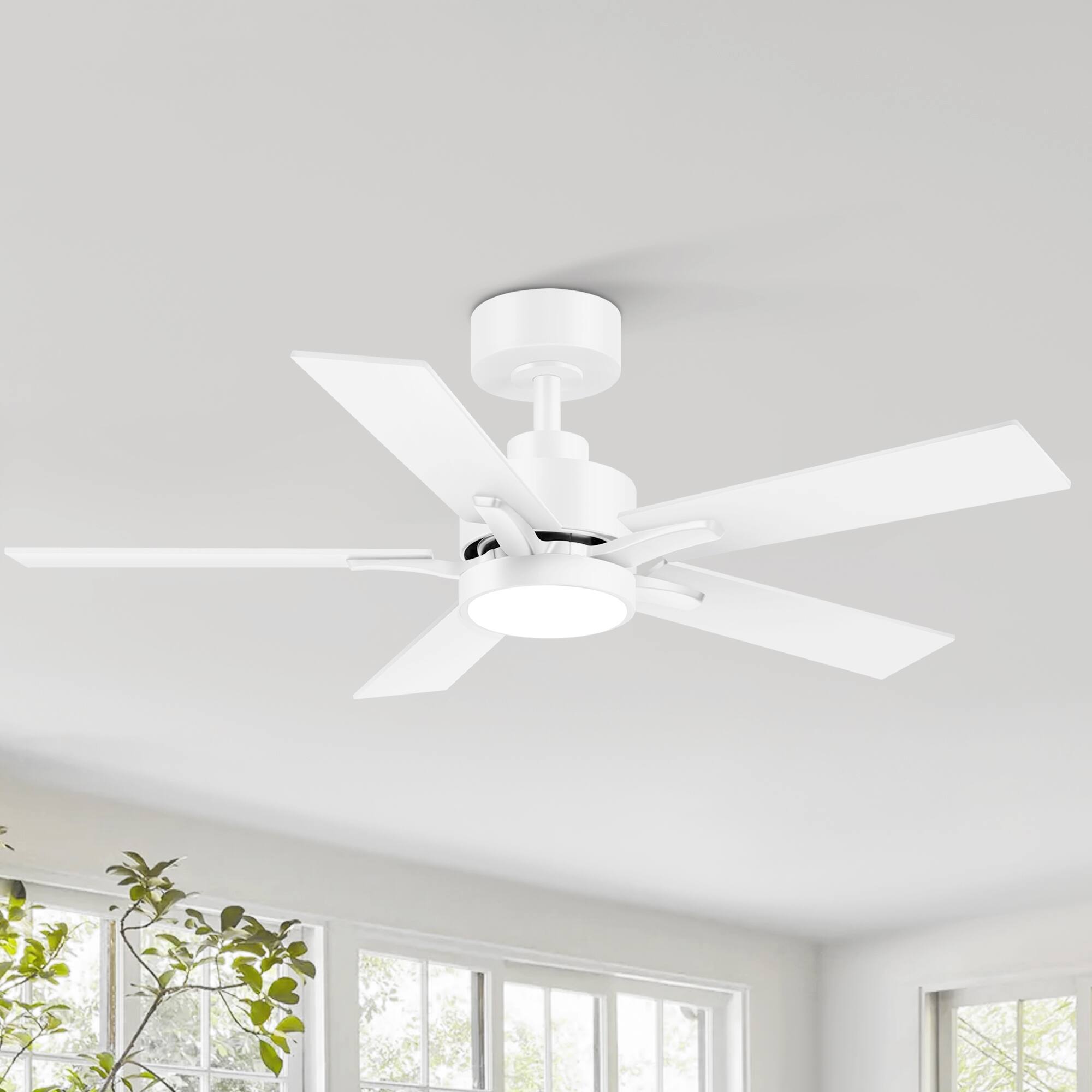 Alt View 1. Breezary - 42-in Integrated LED Ceiling Fan with Remote, 3-Color Light, 5 Blades, Reversible DC Motor - Matte White.