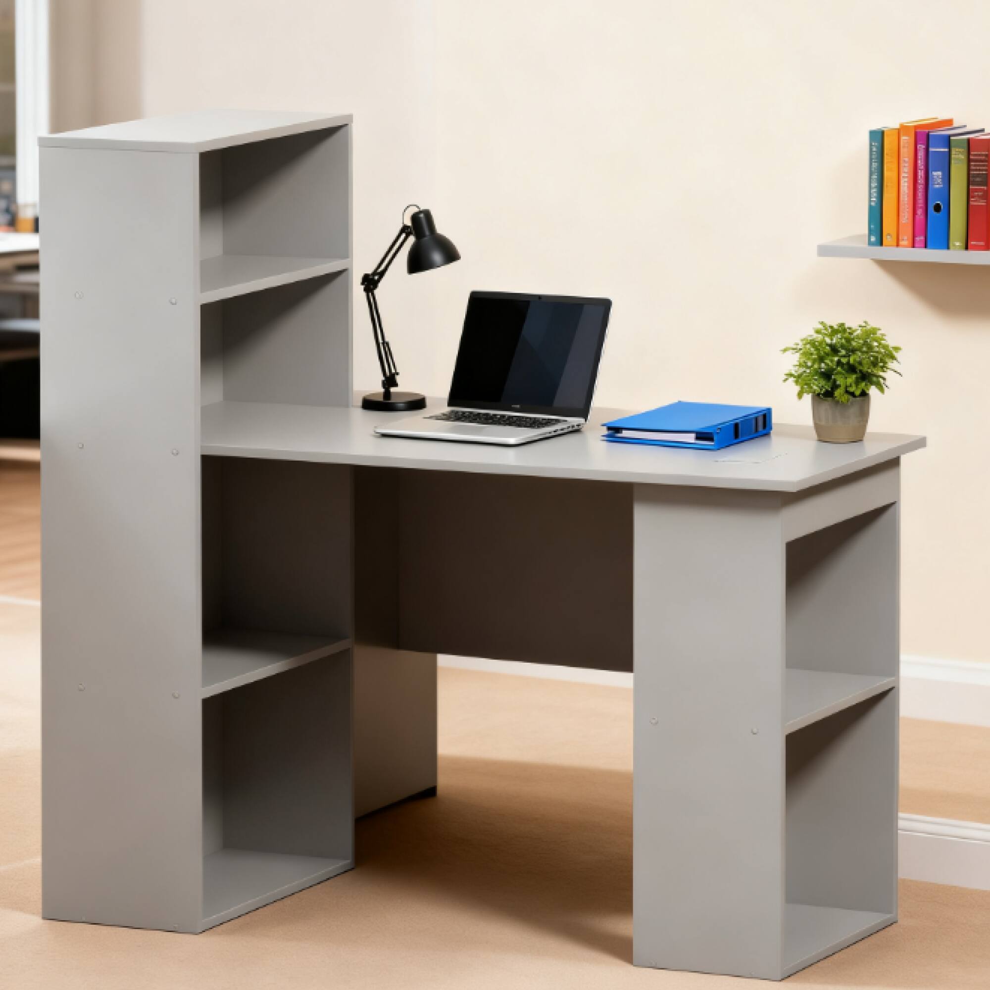 Angle. GOODSILO - Compact Home Office Desk with Bookshelf, Space-Saving Workstation for Small Spaces and Modern Interiors - Grey.