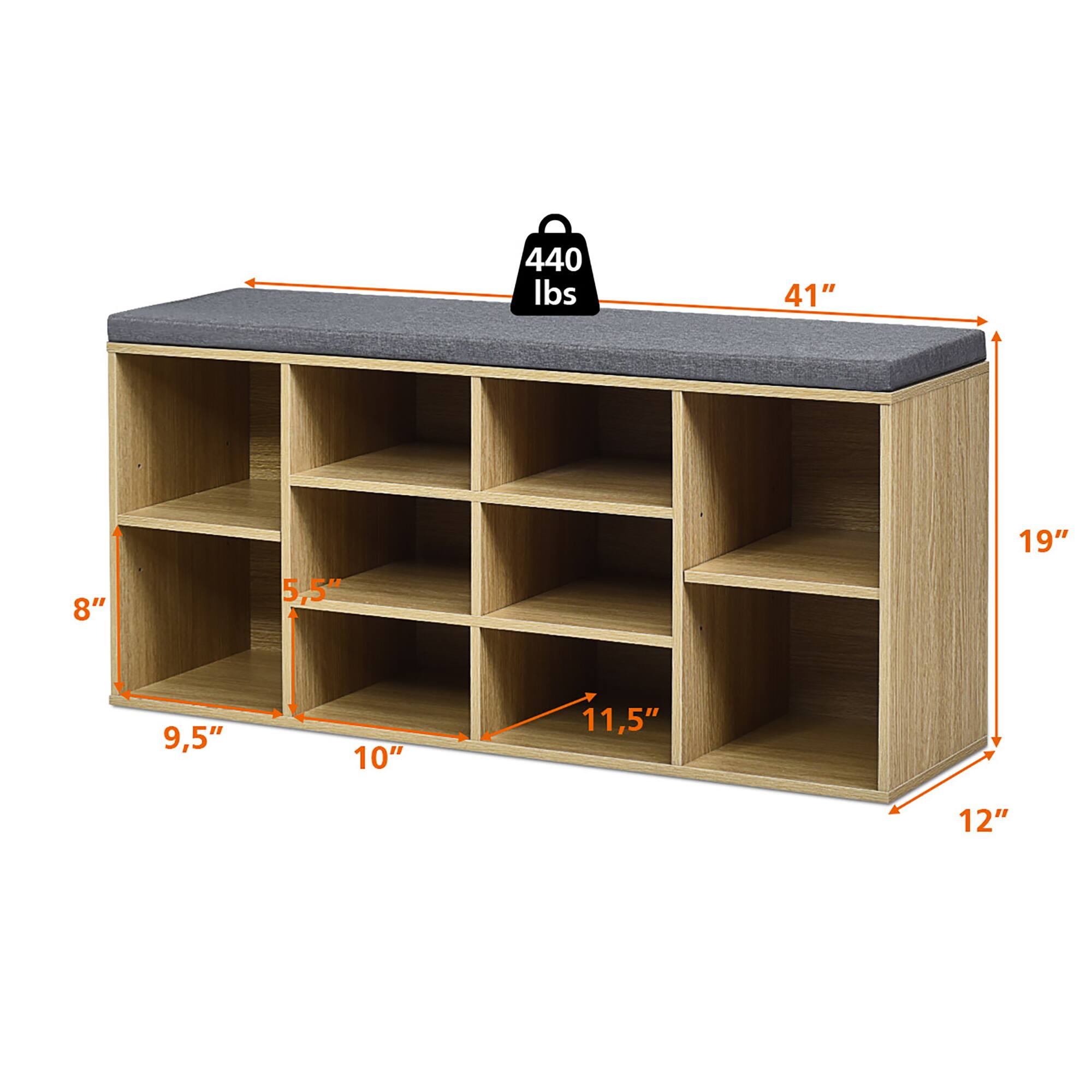 The image shows a wooden shelf with a weight limit of 440 lbs. The shelf is 41 inches tall, 8 inches wide, and 5.5 inches deep. The dimensions are marked on the shelf, indicating its size and weight capacity.