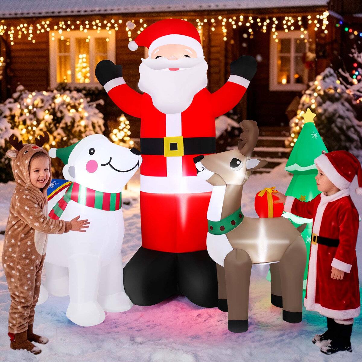 Back. Wisairt - 6FT Christmas Inflatable Santa Claus and Reindeer Outdoor Yard Decoration with Built-in LED lihgts, 10s Fast Blow-up - Green|White|Red.