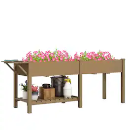 Outsunny - Raised Garden Bed, Wood Elevated Planter Box with Side Table, Bottom Shelf, Outdoor Raised Planter with Bed Liners - Carbonized