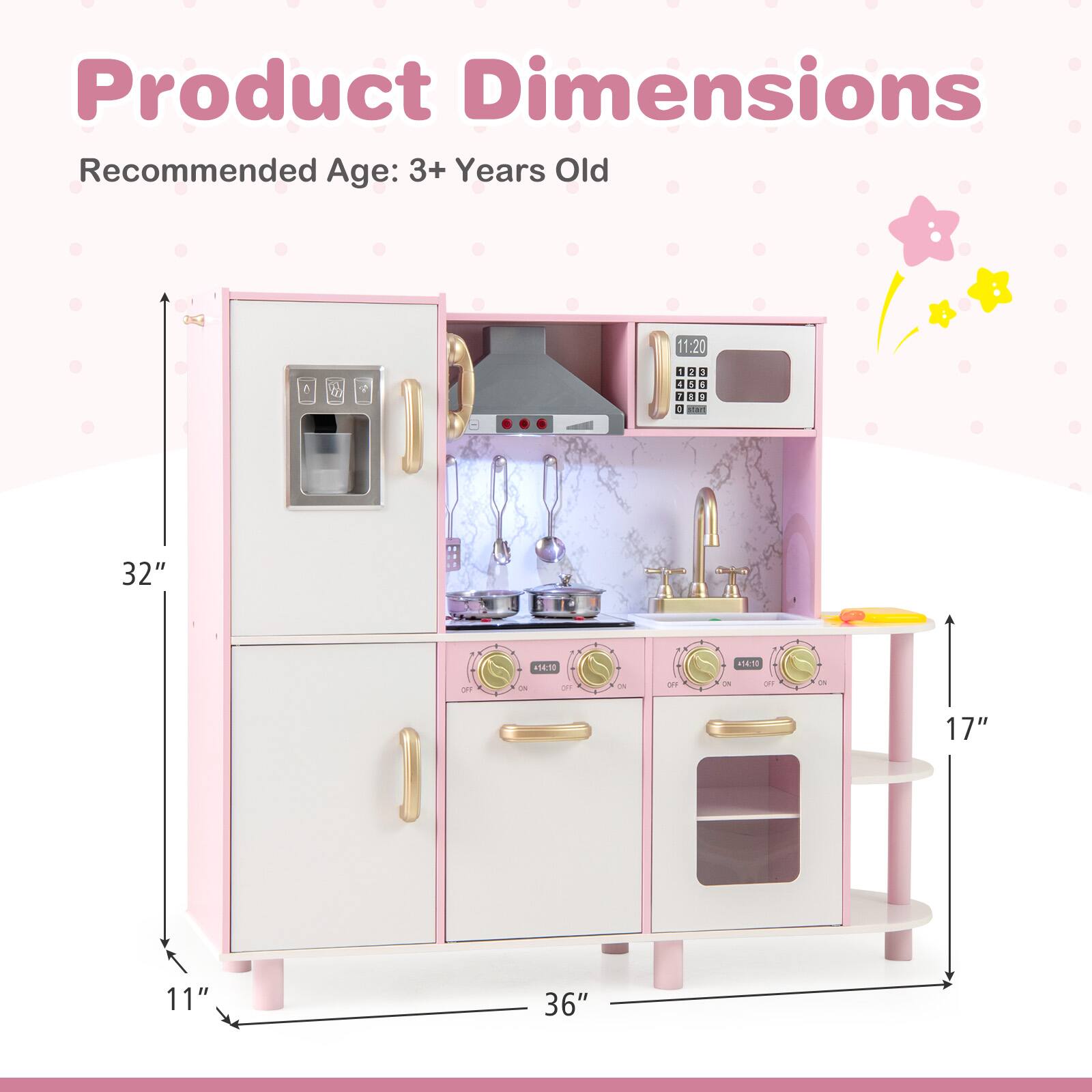 Product Dimensions  
Recommended Age: 3+ Years Old  

- Height: 32"  
- Width: 36"  
- Depth: 17"  
- Counter Height: 11"