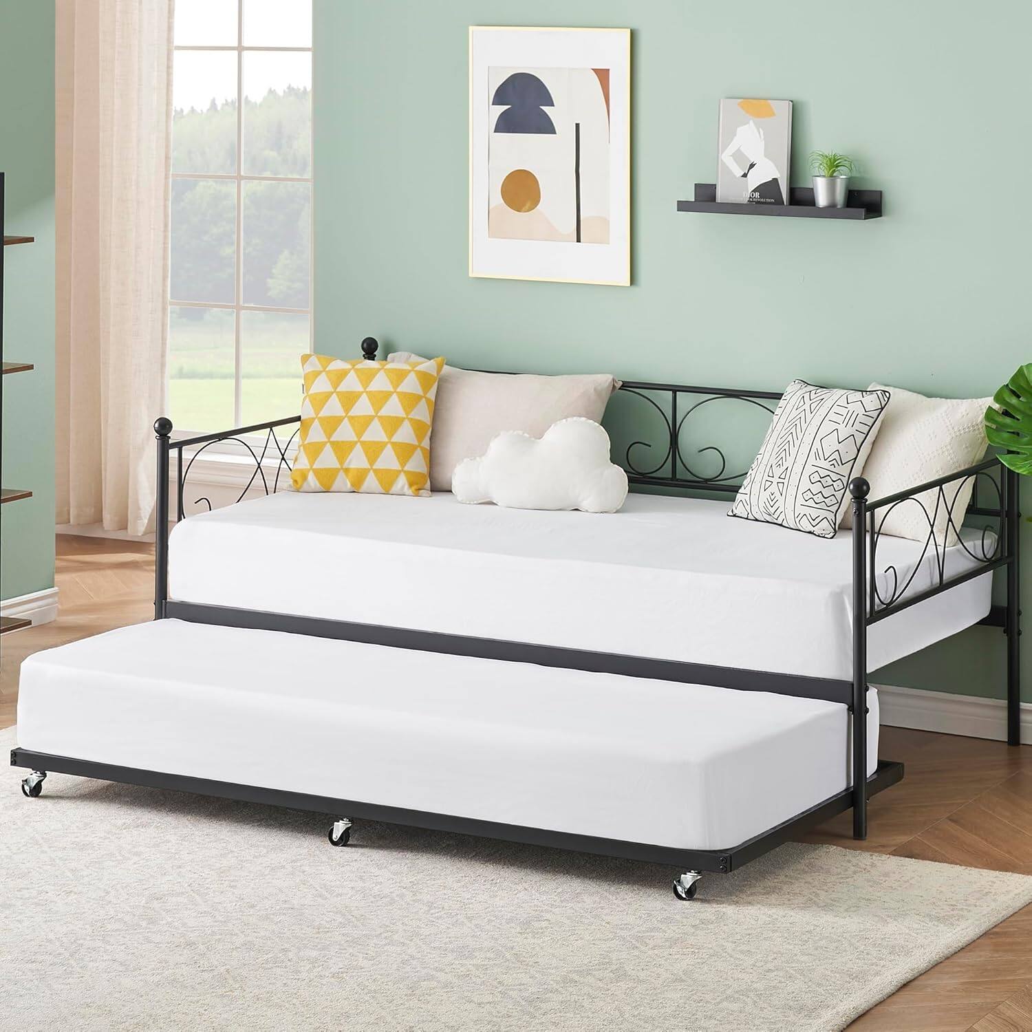 Front. Qeetex - Twin Daybed with Trundle Metal Frame Heavy Duty Metal Slats Space Saving Black Sofa Bed for Living Room Bedroom Apartmen - As Shown.