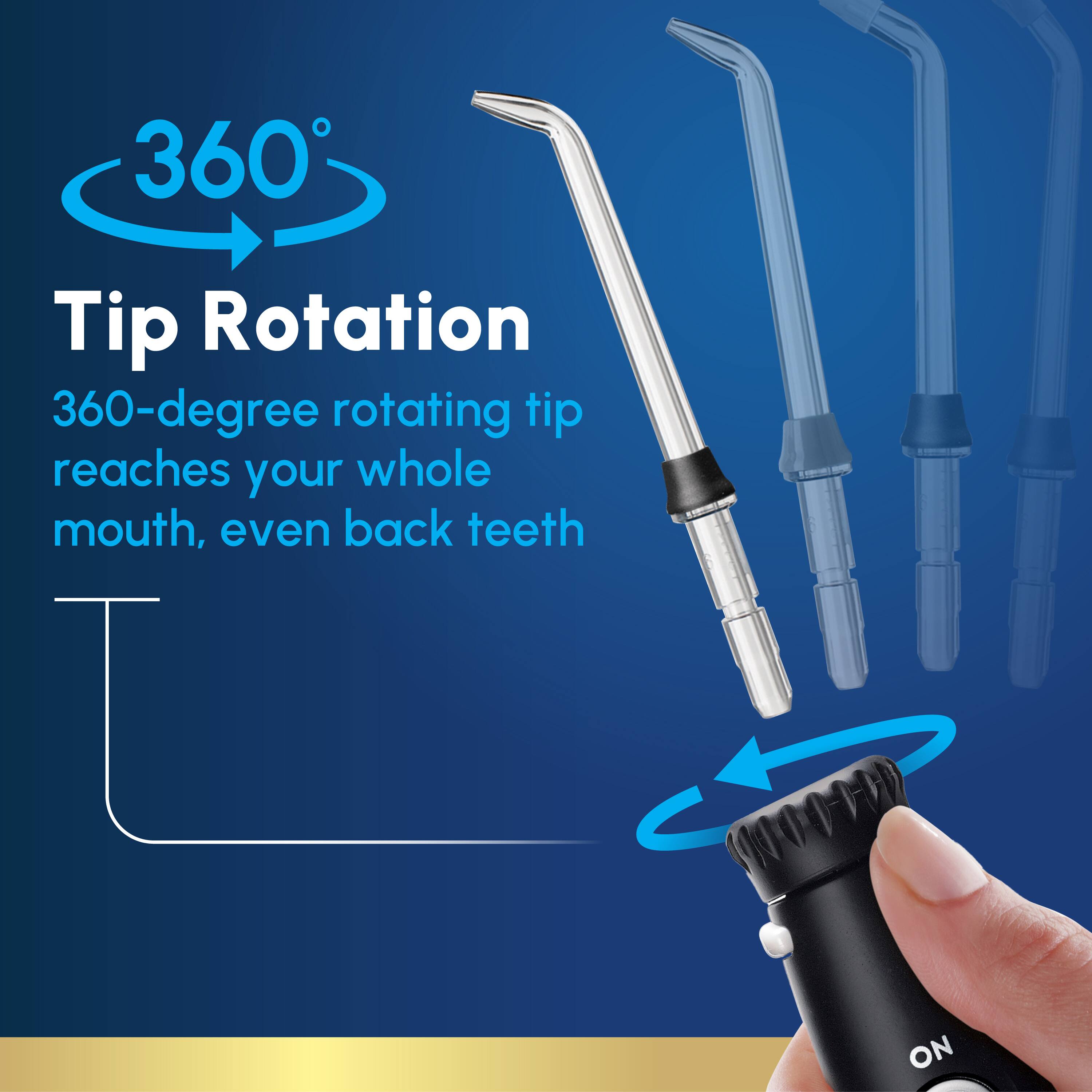 360 Tip Rotation, 360-degree rotating tip reaches your whole mouth, even back teeth, ON