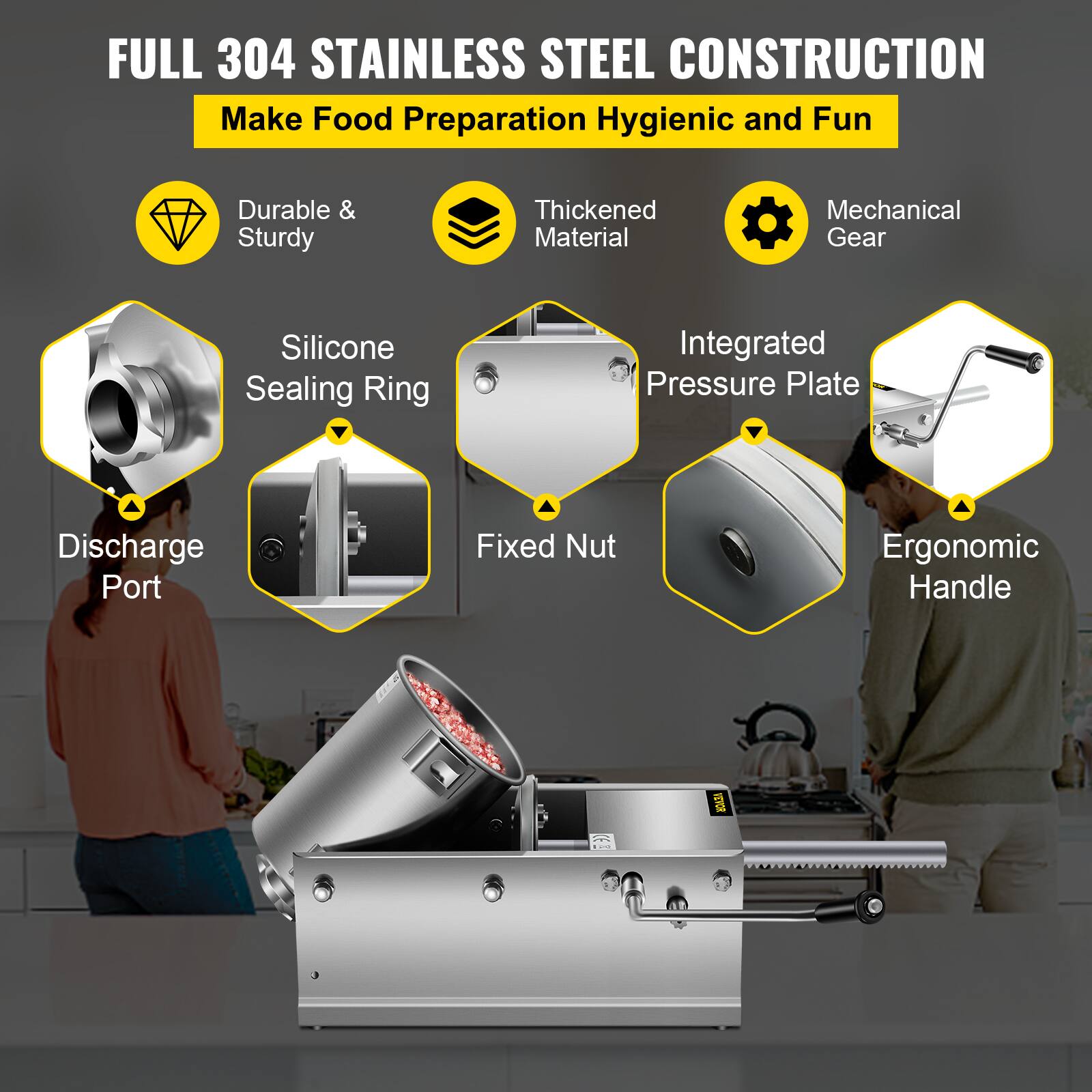 FULL 304 STAINLESS STEEL CONSTRUCTION  
Make Food Preparation Hygienic and Fun  

- Durable & Sturdy  
- Thickened Material  
- Mechanical Gear  
- Silicone Sealing Ring  
- Integrated Pressure Plate  
- Discharge Port  
- Fixed Nut  
- Ergonomic Handle