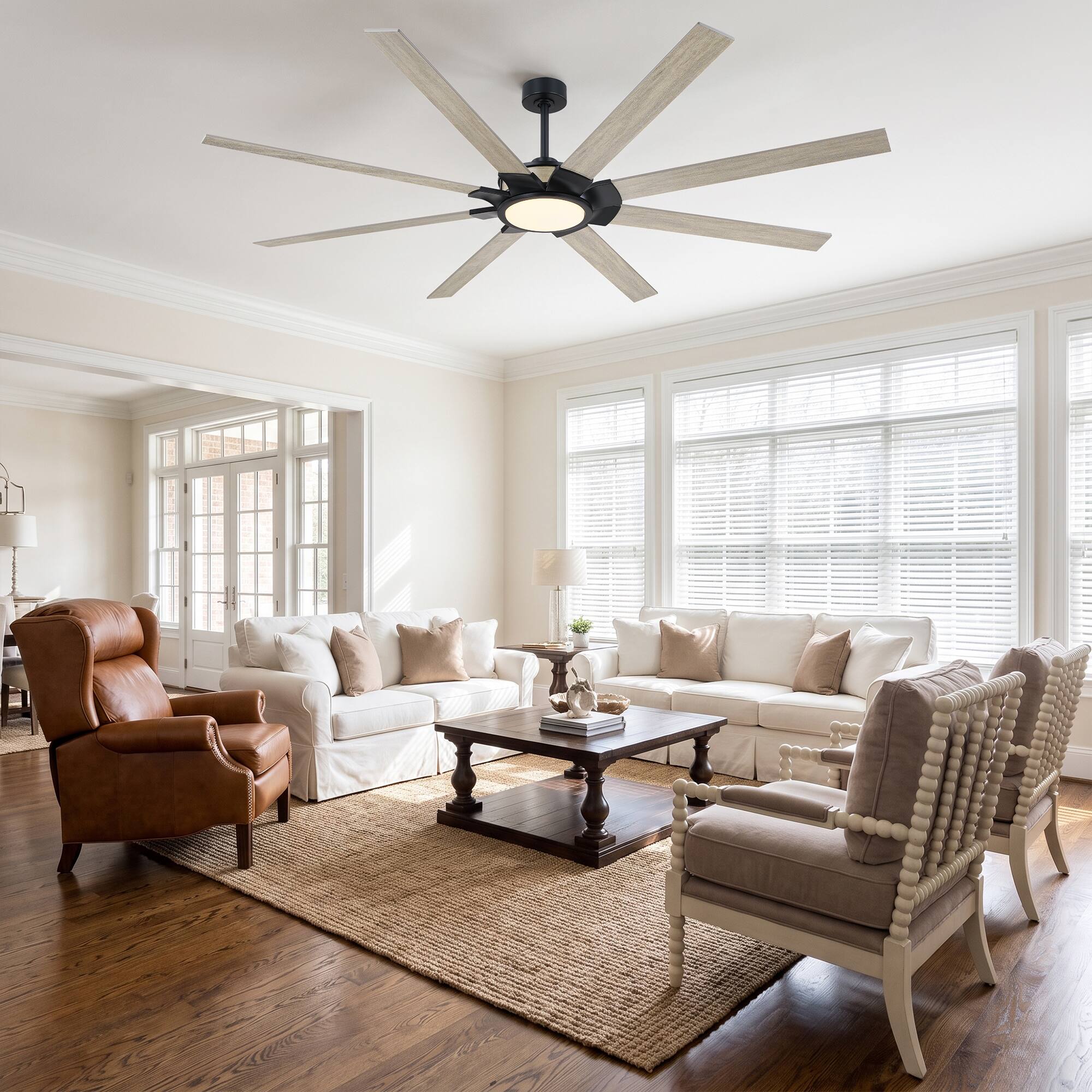 Angle. Parrot Uncle - 84 Inch Industrial 8 Blades Large Windmill Ceiling Fan with Dimmable LED Light and Remote - Black.