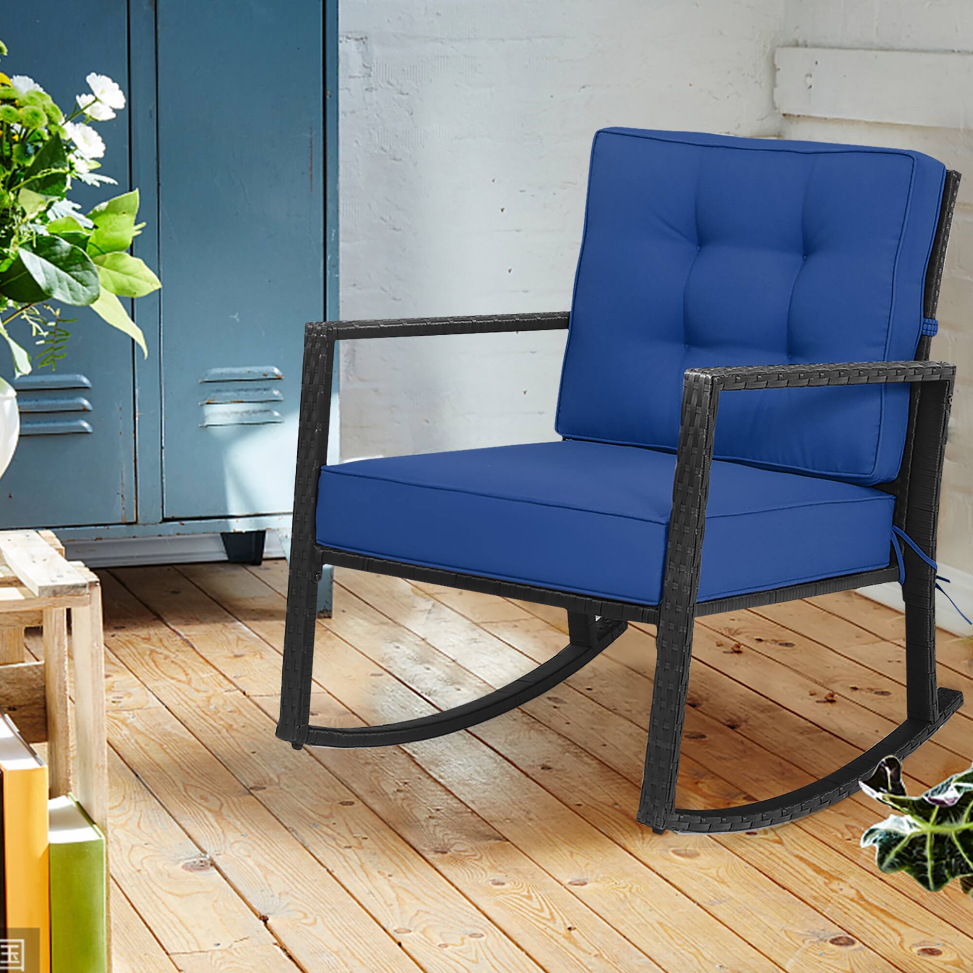 Alt View 1. Costway - Costway 2 PCS Patio Rattan Rocker Chair Outdoor Glider Rocking Chair Cushion Lawn - Navy.