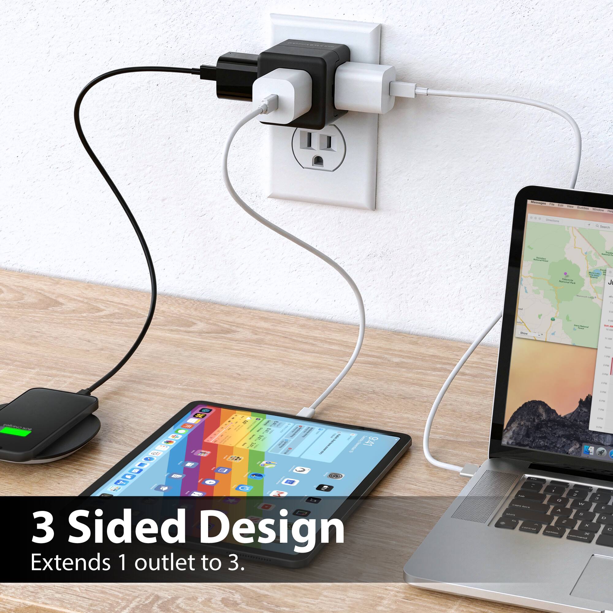 3 Sided Design  
Extends 1 outlet to 3.