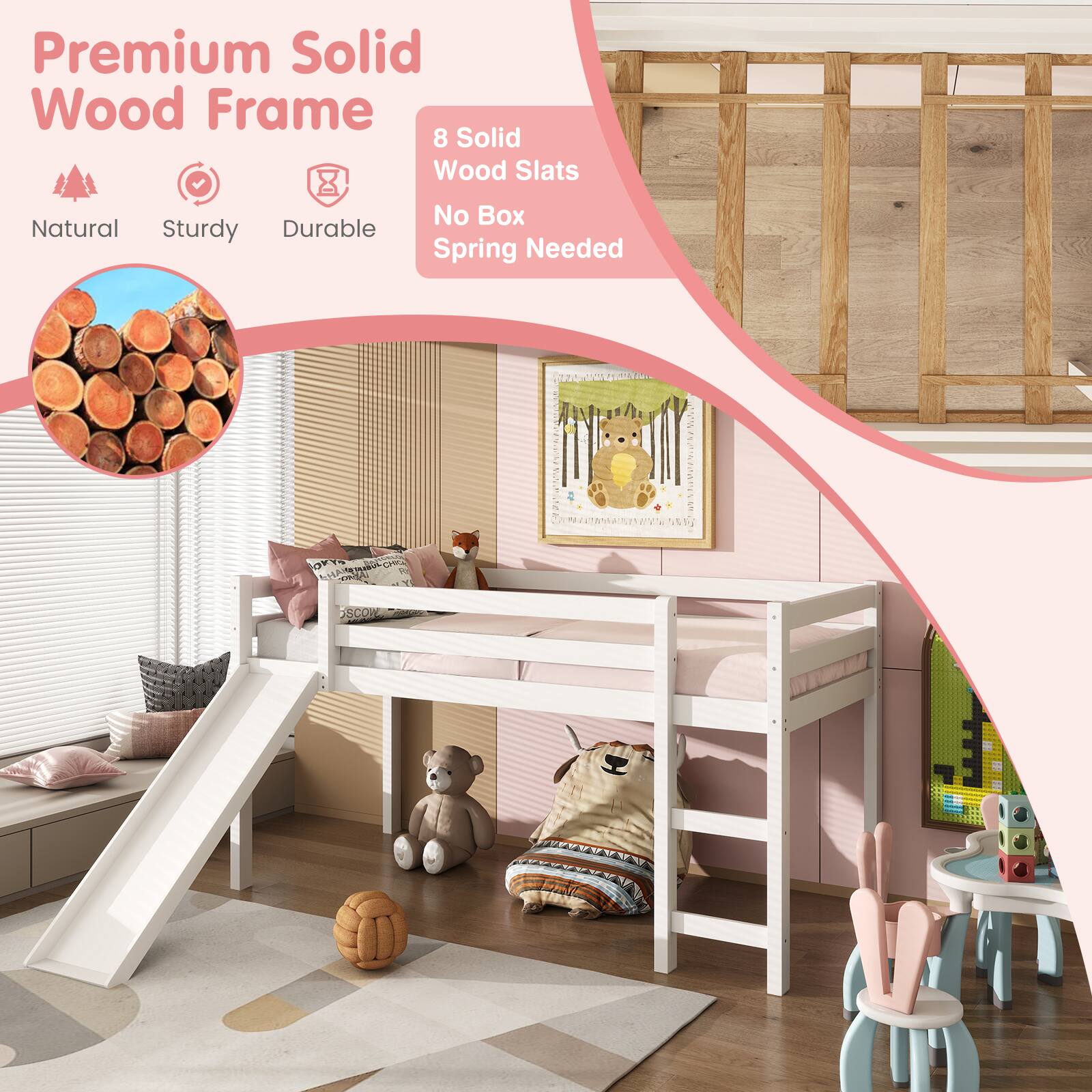 Premium Solid Wood Frame 8 Solid Wood Slats Natural Sturdy Durable No Box Spring Needed