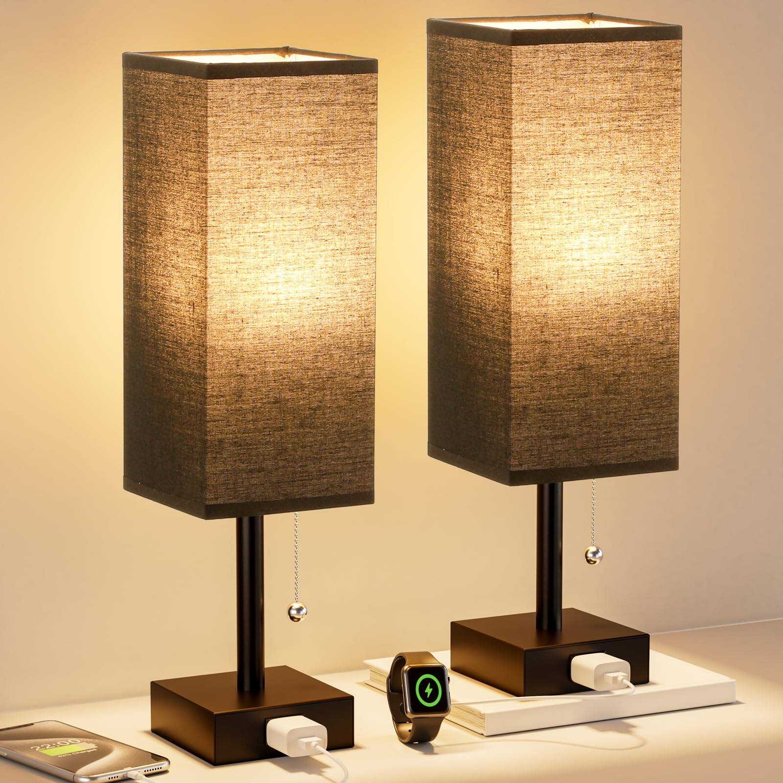 Earthley Blooms - Bedside Table Lamps For Bedroom Set Of Small Rectangular Nightstand Lamp With Ac Outlet Charging Port Col - Black 14.7In