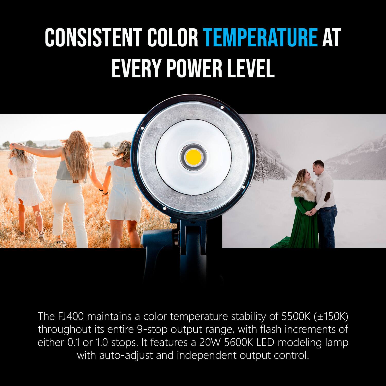 CONSISTENT COLOR TEMPERATURE AT EVERY POWER LEVEL

The FJ400 maintains a color temperature stability of 5500K (+150K) throughout its entire 9-stop output range, with flash increments of either 0.1 or 1.0 stops. It features a 20W 5600K LED modeling lamp with auto-adjust and independent output control.