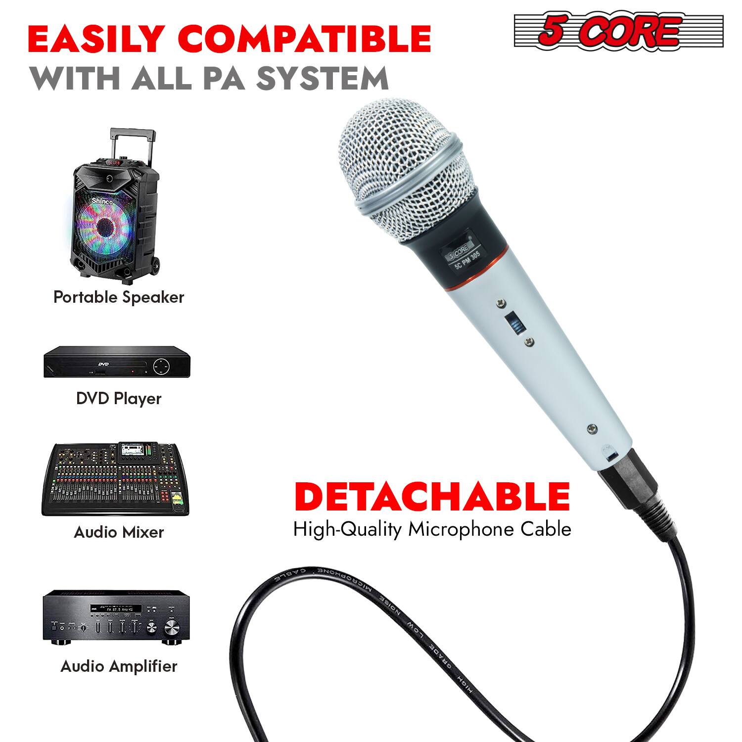 EASILY COMPATIBLE WITH ALL PA SYSTEM

5 CORE

Portable Speaker
DVD Player
Audio Mixer
Audio Amplifier

DETACHABLE
High-Quality Microphone Cable